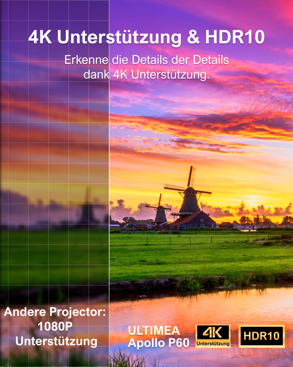 Ultimea Apollo P60 Beamer mit Hindernisvermeidung,6D Trapezkorrektur&Autofokus Beamer (27000 lm, 1500:1, 1920 x 1080 px,4K Heimkino,Bildschirmausrichtung,5G WiFi)