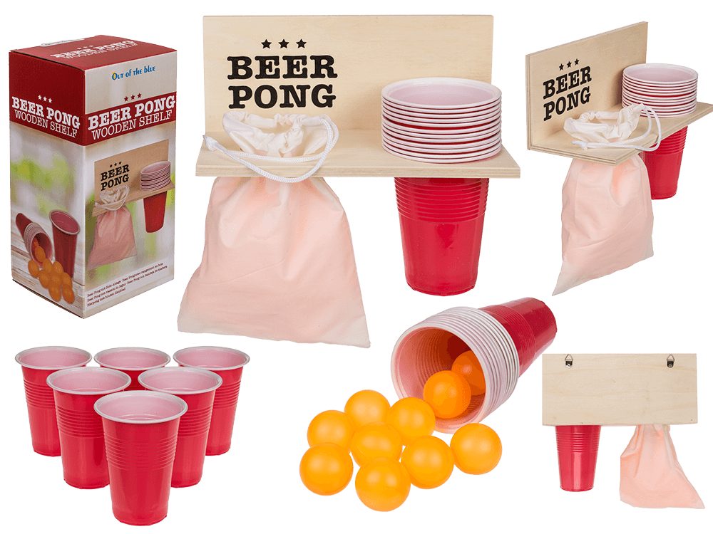 Spiel Beer Pong mit Holz Ablage, inklusive 12 Becher und 12 Bällen