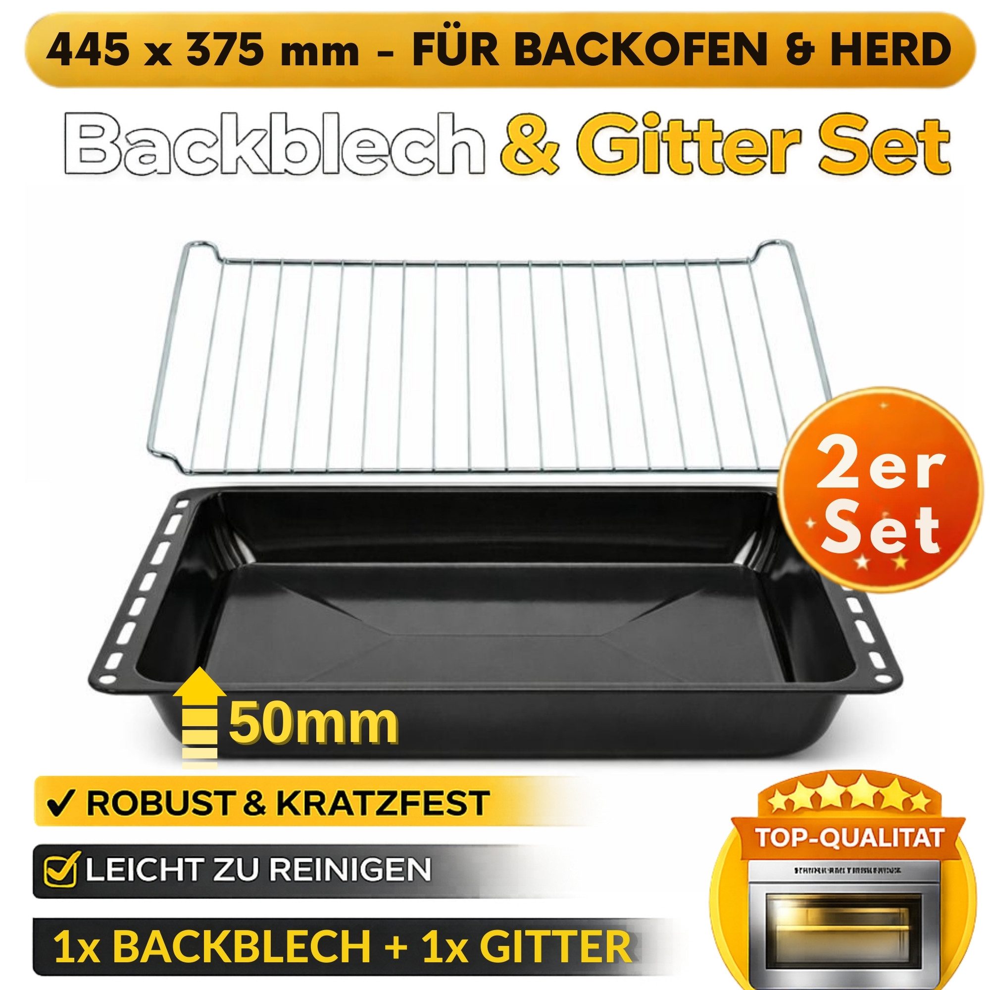 ICQN Backblech 445 x 375 x 50 mm, Emaille, (Set mit Backofenrost, 2-St), Passend für Whirlpool, Ignis, Bauknecht, Indesit, Algor, Neckermann