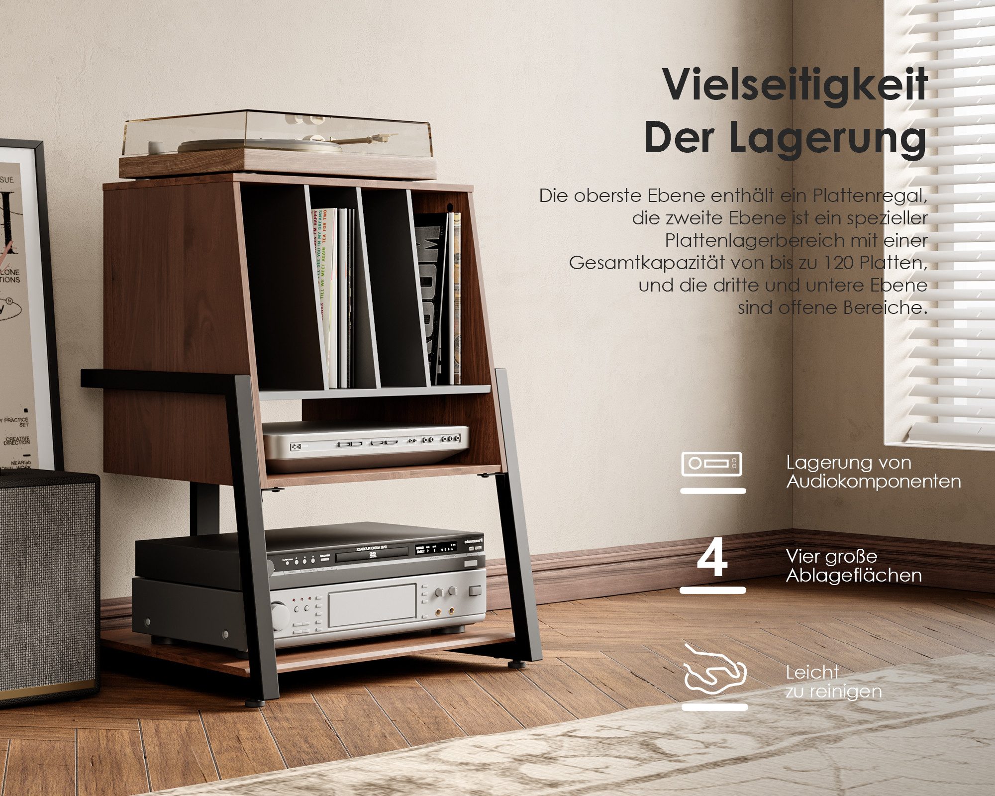 FITUEYES TV-Regal HIFI Rack mit 5 Fächern, 78 cm hoch, Stauraum für 120 Schallplatten, rutschfeste Füße, für Rollen nachrüstbar – Bild 3 von 5