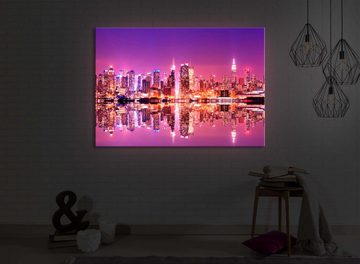 lightbox-multicolor LED-Bild Manhattan Skyline Spiegelung front lighted / 60x40cm, Leuchtbild mit Fernbedienung