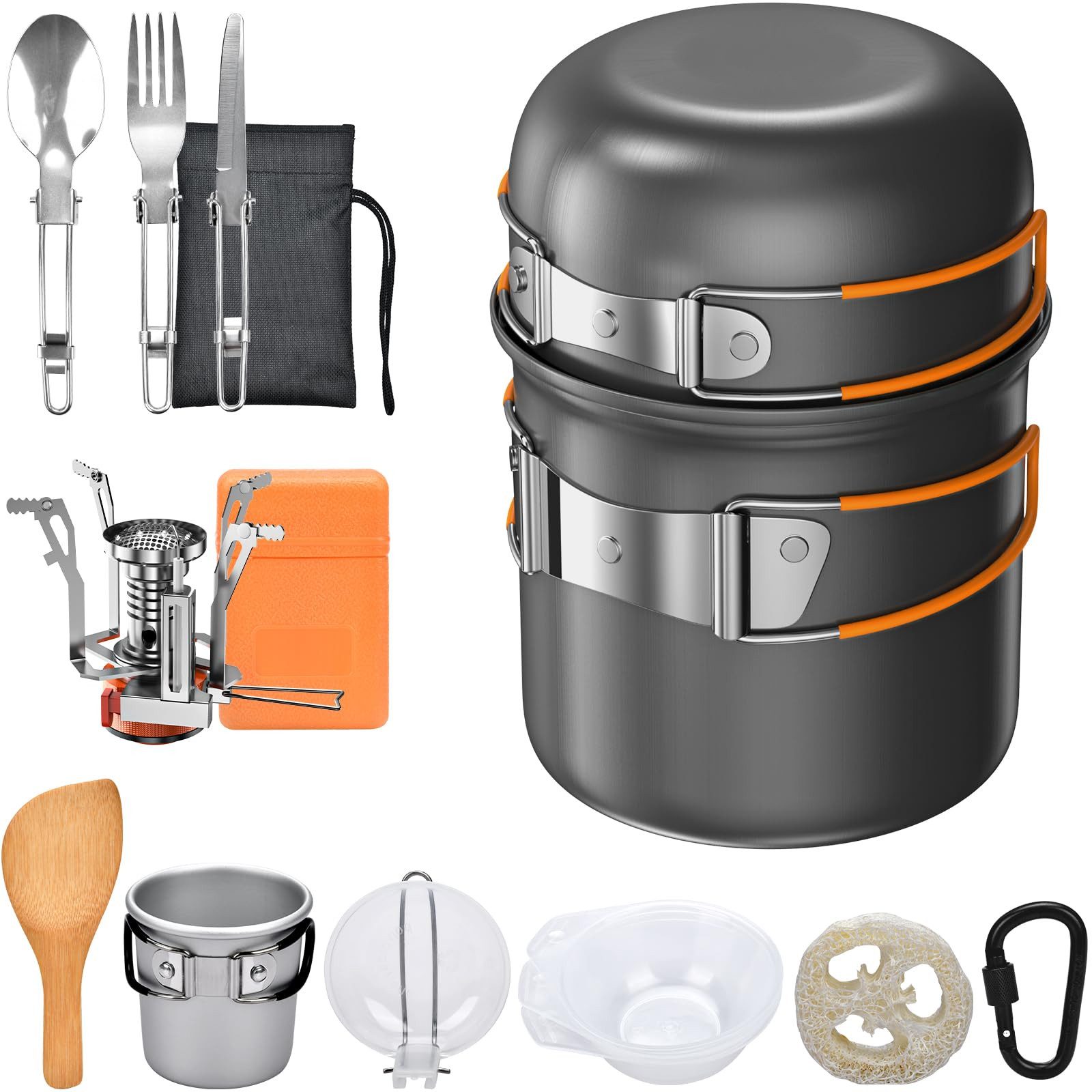 Kityhome Topf-Set Geschirr-Set,Gaskocher Camping Kochset 15-teilig mit Kaffeekanne, Aluminium (15-tlg), Faltbares Geschirrset, geeignet zum Wandern, Camping und Bergsteigen