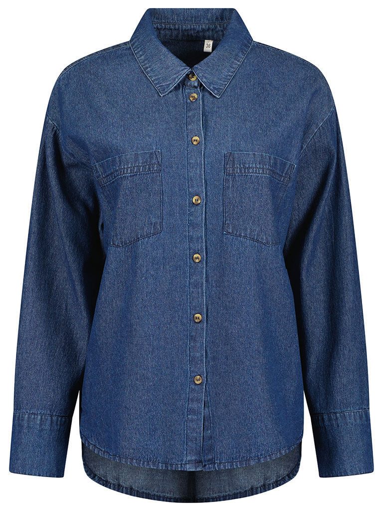 Blue Seven Langarmhemd Damen Jeansbluse 280133 mit Kragen - Damenbluse Hemdbluse Unifarben Klassischer Hemdkragen, Knopfleiste, Aufgesetzte Brusttaschen