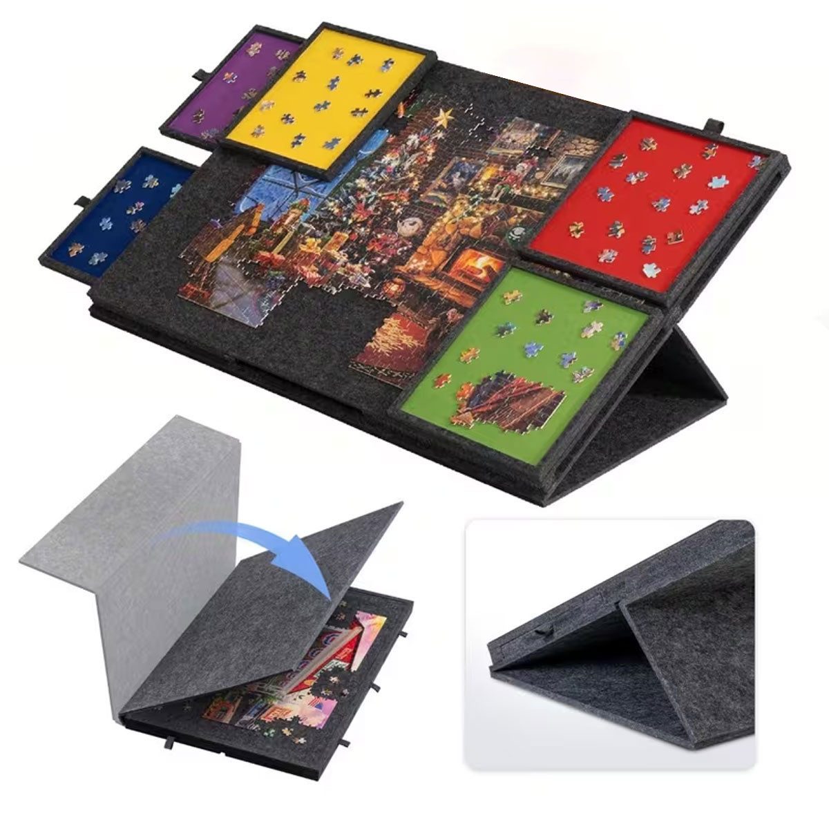 Pdgrid Puzzleunterlage Filz-Puzzleplattform mit 2-in-1-Ständer und Abdeckung tragbarer, mit 6 Schubladen für Erwachsene, bis zu 1000 Teile
