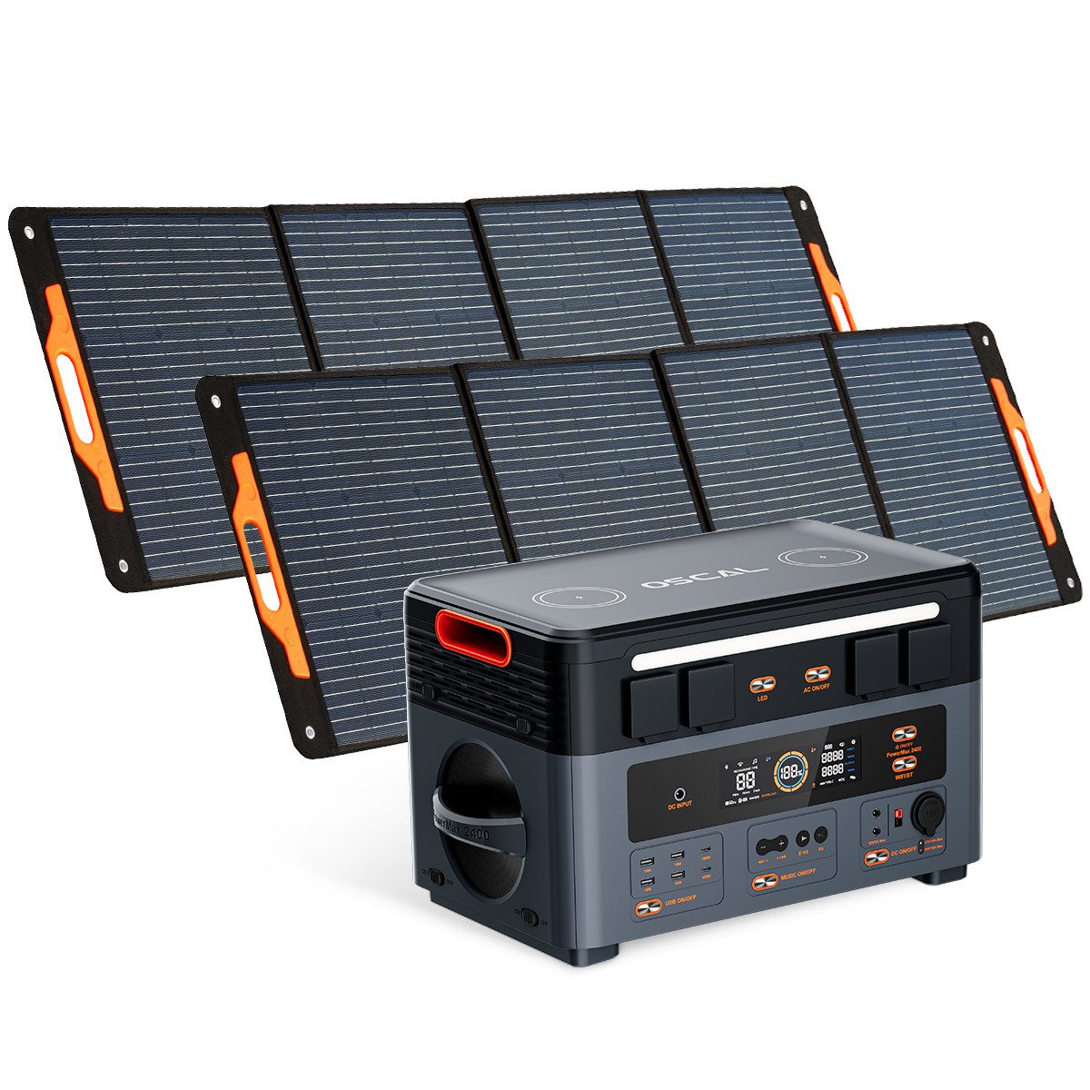 OSCAL Stromerzeuger PowerMax 2400SE Powerstation, 2400W, LiFePO4, für Zuhause & Outdoor, 2,4 in kW, Solar-Speicher, Stereo, 16 Ports, Weihnachts Außenstromversorgung