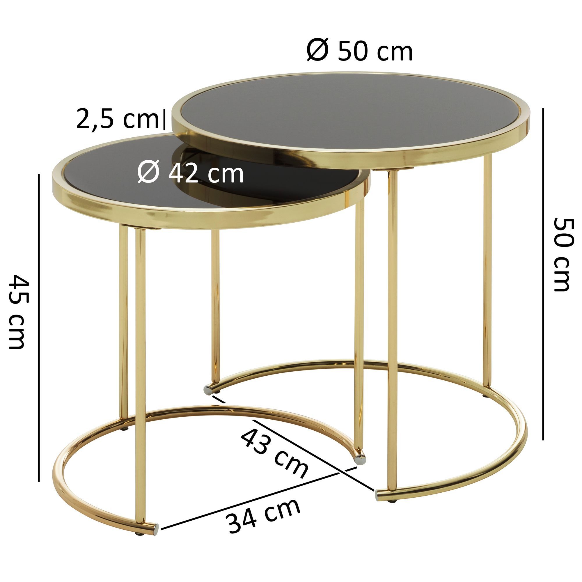 FINEBUY Satztisch FB49696 COMO schwarz/Gold Beistelltisch Metall/Glas Couchtisch (Wohnzimmertisch, Couchtisch Set aus zwei Tischen), Schwarz / Gold Beistelltisch Metall / Glas