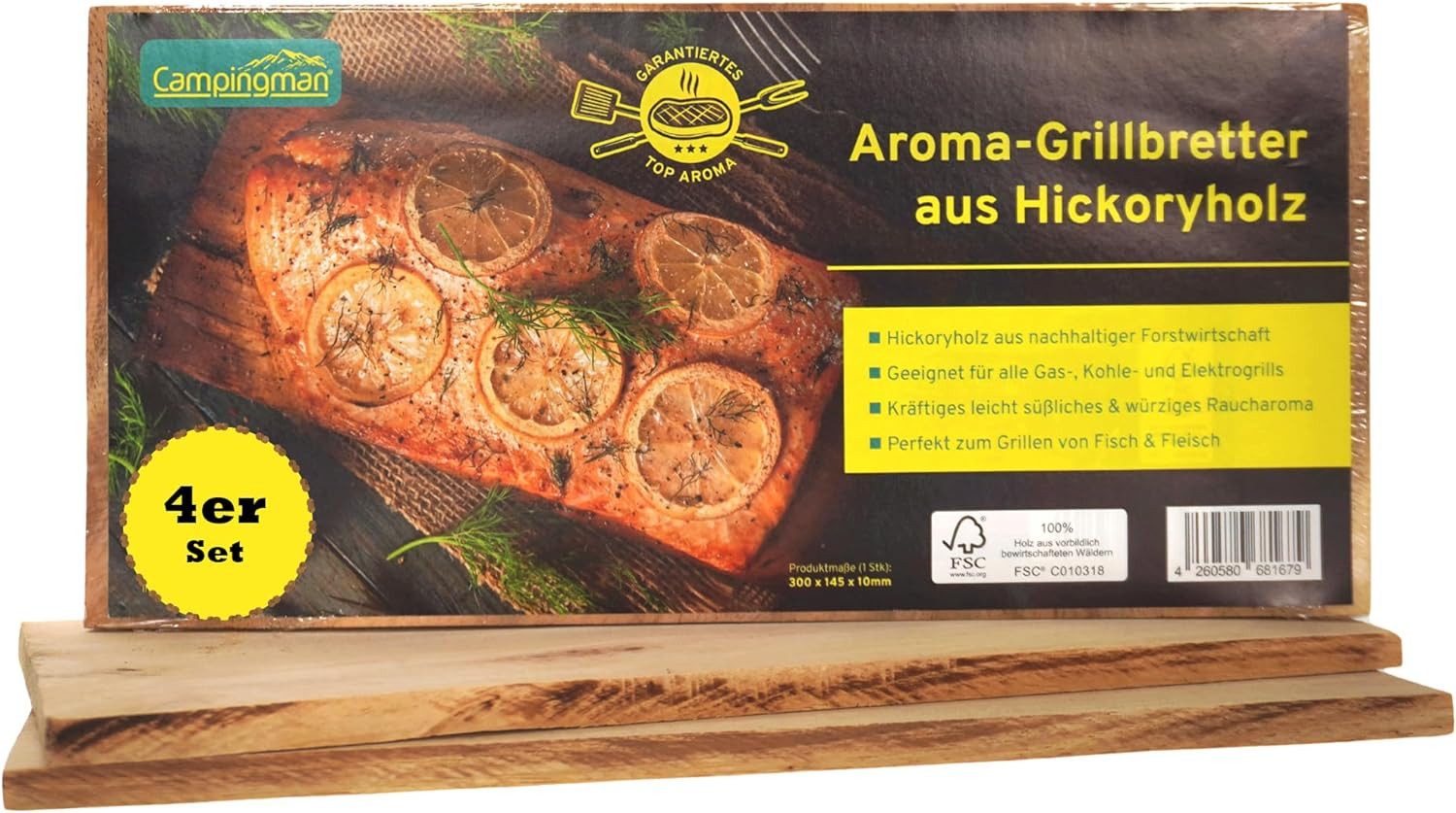 campingmann Räucherbrett XXL Räucherbretter Aroma Grillbretter aus Hickoryholz, (4-St), Ideal für Fisch & Fleisch, Würziges Raucharoma, 300 x 145 x 10mm