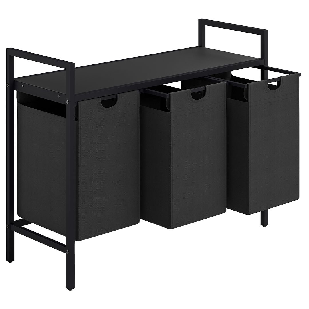 STEELSØN Wäschekorb Rigil aus Metall (3 Fächer (120 L) mit 1 MDF-Ablagefläche, schwarz), auch verfügbar mit 2 oder 4 Fächern, ausziehbar & abnehmbar