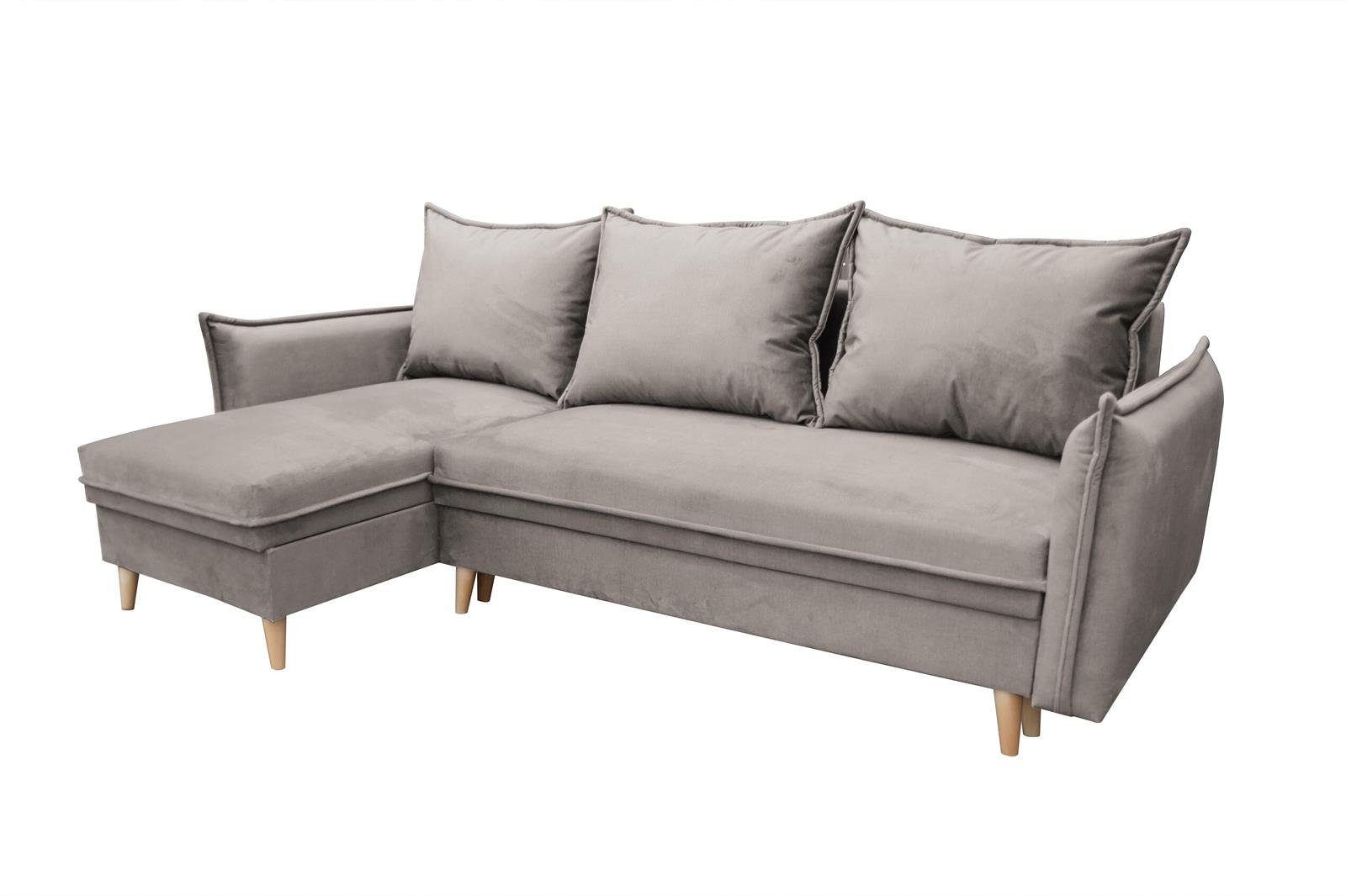 Stil, Polsterecke Ecke Ecksofa und skandinavisches Beautysofa Eckcouch 02) (paros Pillow, universelle Bettkasten im mane,aus mit Schlaffunktion Beige mit Velors,