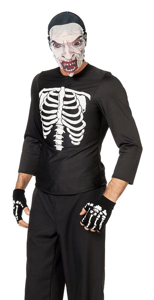 Karneval-Klamotten Kostüm Horror Herren Skelett Oberteil schwarz, Herrenkostüm Halloweenkostüm schwarzes Oberteil Langarm