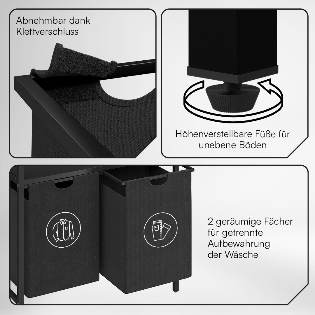 STEELSØN Wäschekorb Rigil aus Metall (2 Fächer (90 L) mit 2 MDF-Ablagen, schwarz), auch verfügbar mit 3 oder 4 Fächern, ausziehbar & abnehmbar – Bild 3 von 5