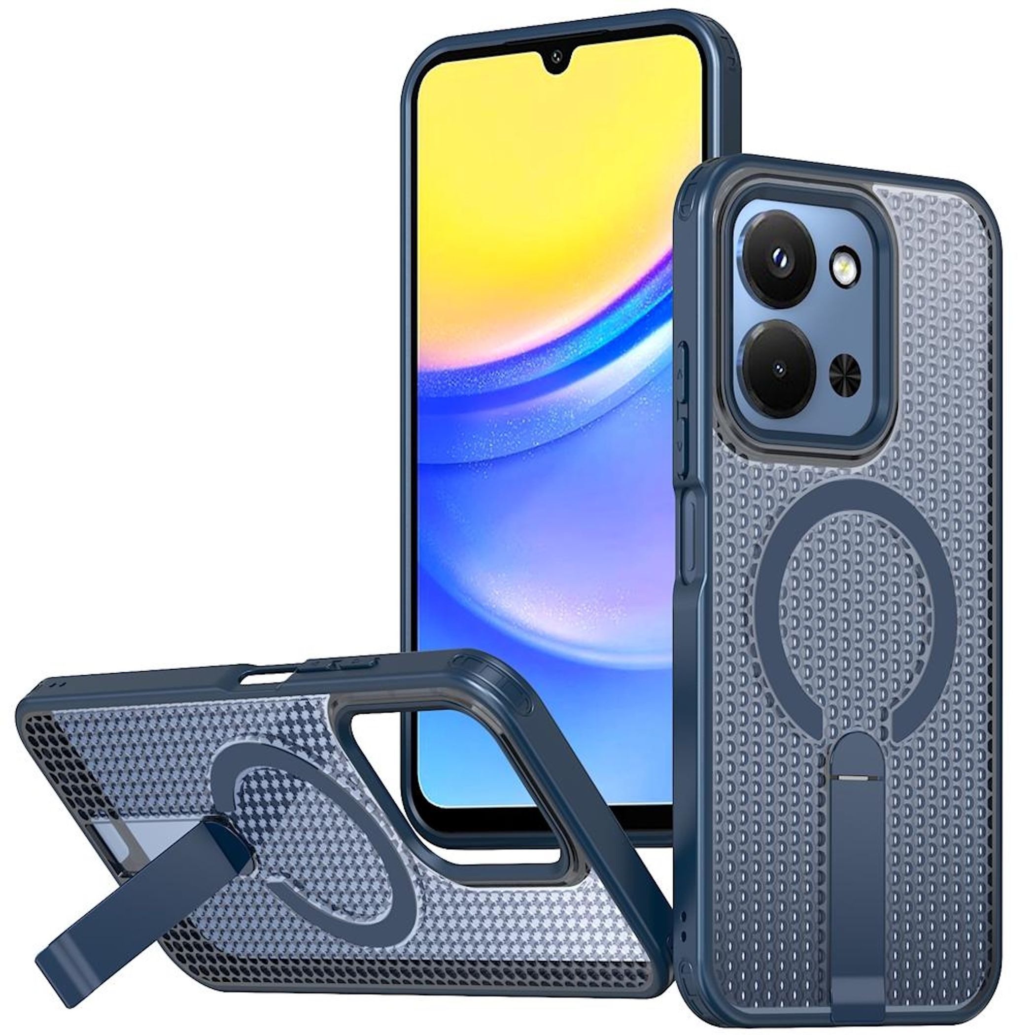 Wigento Handyhülle Für Xiaomi Redmi 15C 5G / 4G Honeycomb Acryl Hülle MagSafe Blau, MagSafe, Standfunktion, Kühlstruktur
