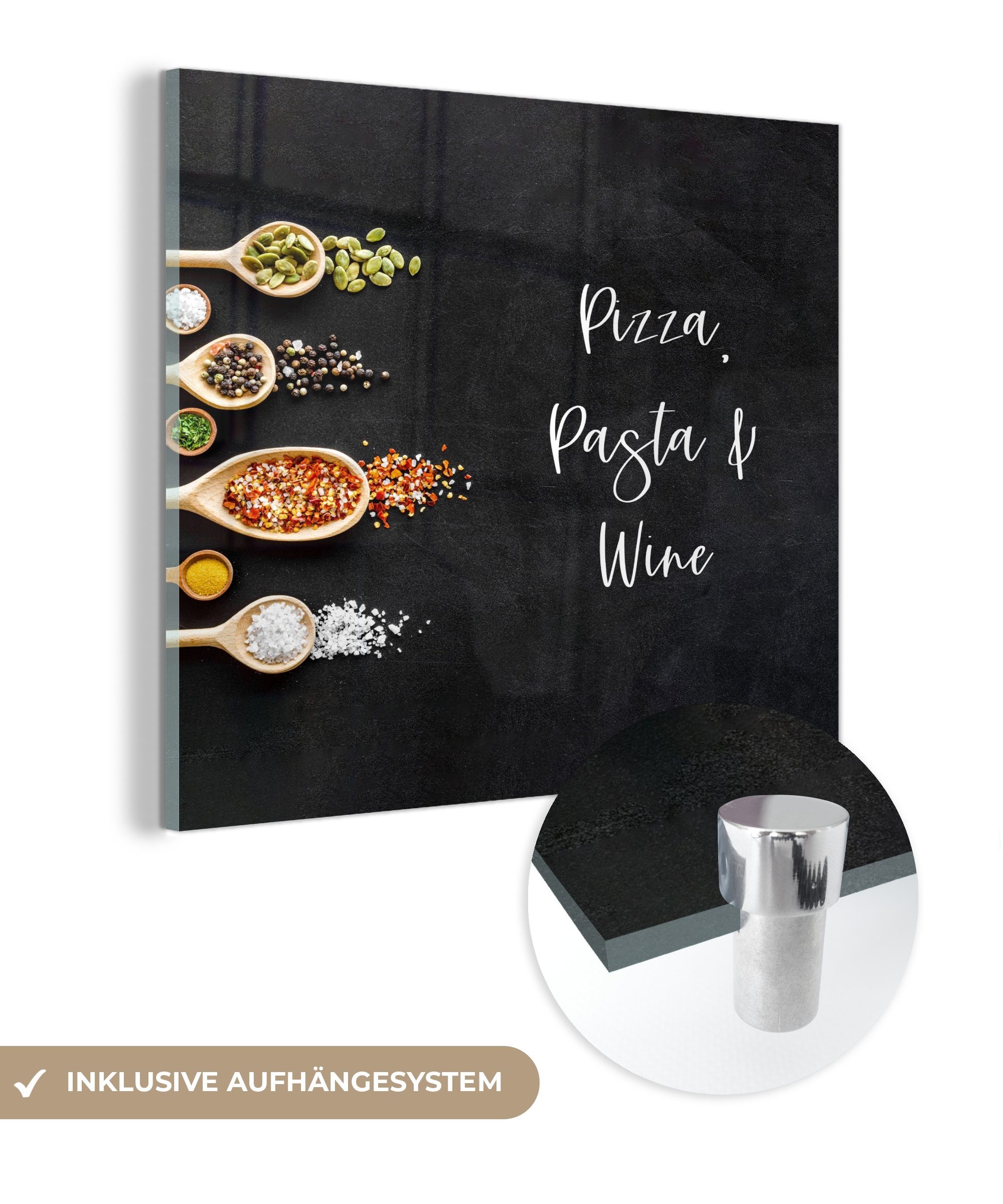 MuchoWow Acrylglasbild Glas Wein Bilder auf - -, Pasta - - Foto & Pizza, Glasbilder - Food Glas - Sprüche Wandbild (1 lover auf - Wanddekoration Induktionsschutz St)