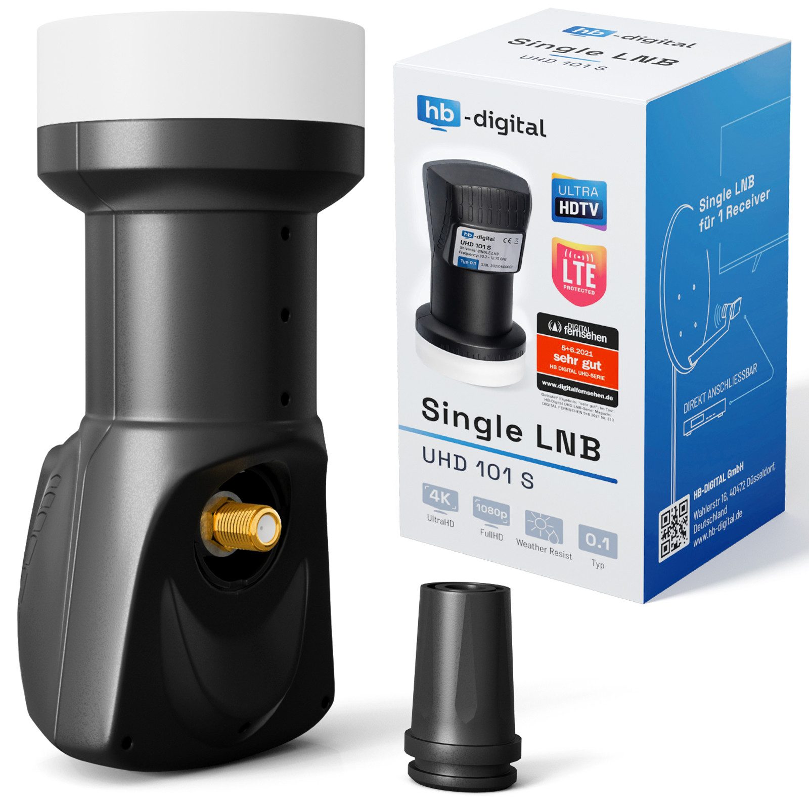 HB-DIGITAL LNB Single für 1 Teilnehmer Signalumsetzer UHD 101S schwarz Universal-Single-LNB (für 1 Teilnehmer, Die vergoldeten F-Anschlüsse für noch bessere Signalübertragung)