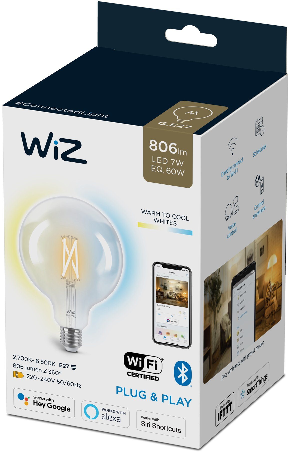WiZ LED-Filament Filament 60W White LED für Warmweiß, 1 E27 G125 Vintage-Design Lampen Clear klassisches Tunable Wiz Einzelpack, Filament E27, Globeform St