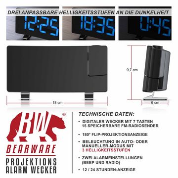 Brandson Projektionswecker Projektions Radio Wecker digital - Dimmer – Snooze – 15 Radiospeicher