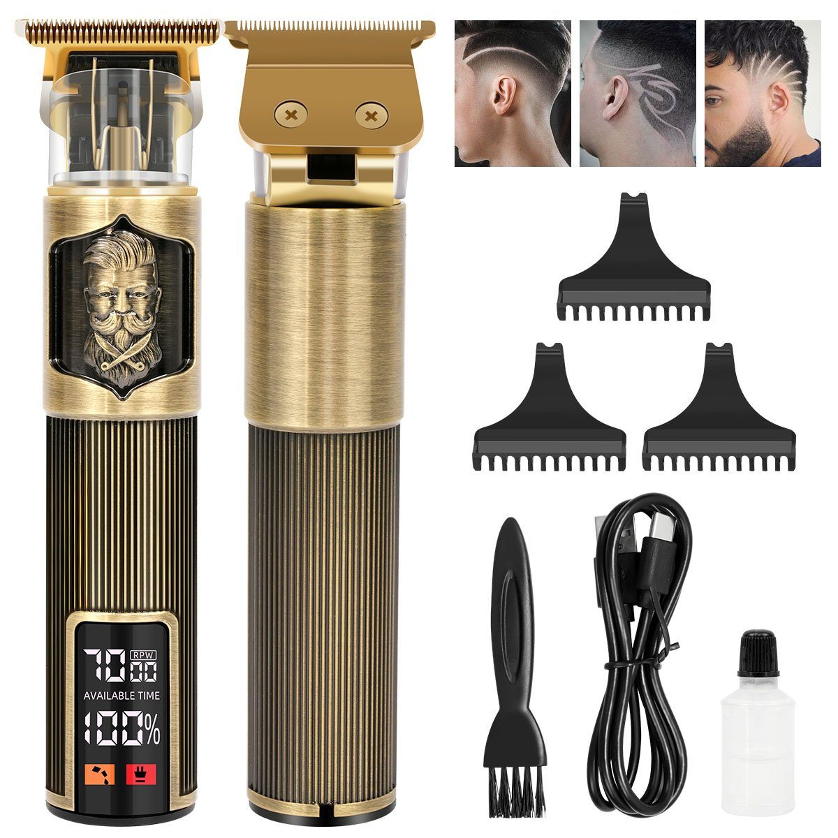 7Magic Haar- und Bartschneider, Kahle Gold-1202 Barbierschere, Männer Wiederaufladbare Haarschneidemaschine für Kabellose Haarschneider