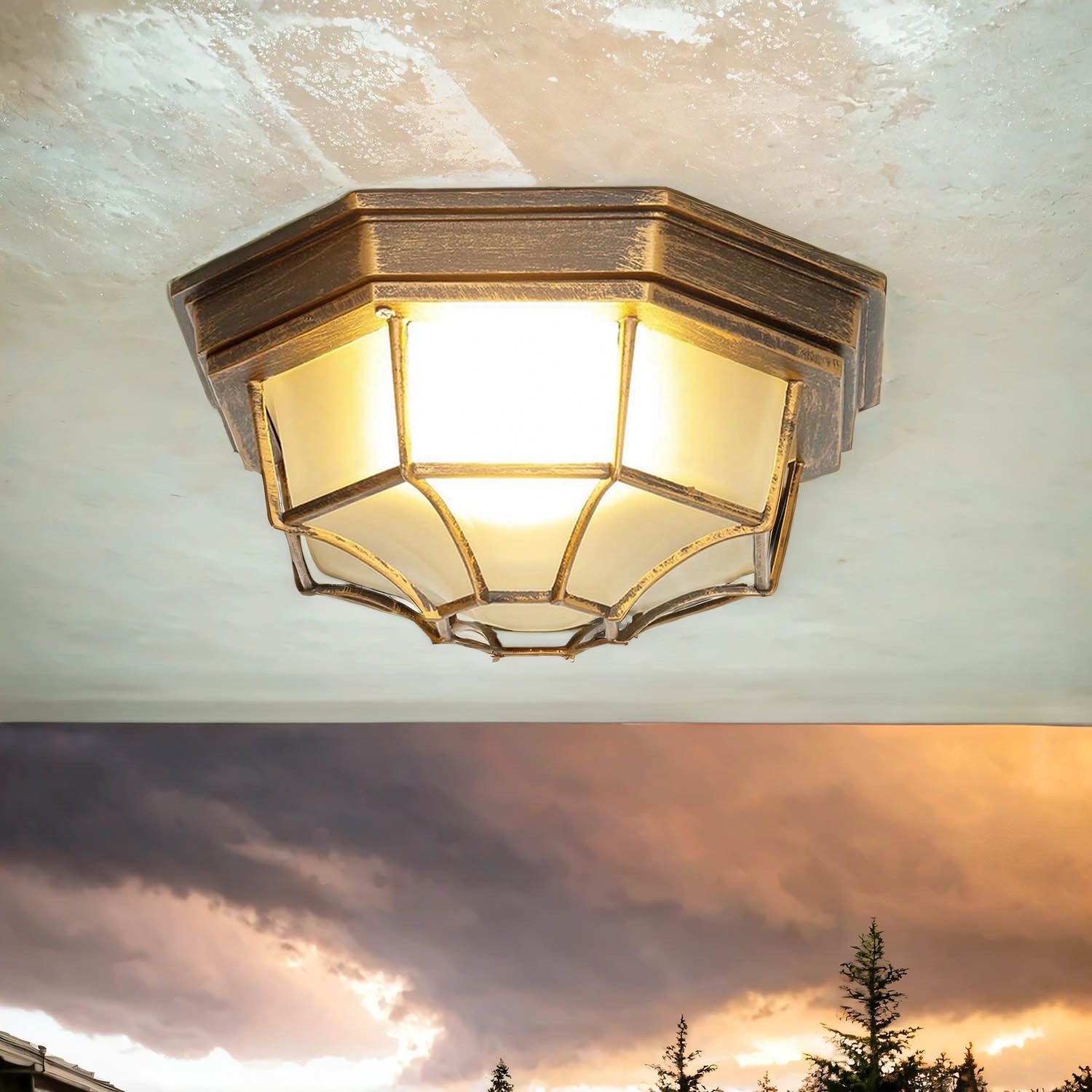 Licht-Erlebnisse Außen-Deckenleuchte MILANO, ohne Leuchtmittel, Deckenlampe außen Rustikal in Kupfer antik IP44 Aluguss Eingang – Bild 2 von 5