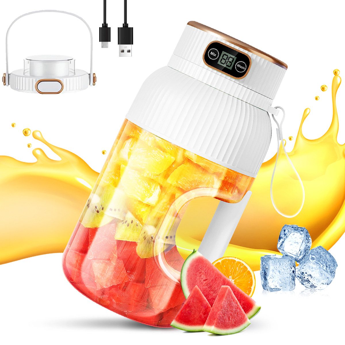 FANNOU Stabmixer Tragbarer Smoothie-Maker, 1200ML, 78 W, Smoothie Maker to go, Reise-Entsafter, Juicer Cup mit Doppelabdeckung