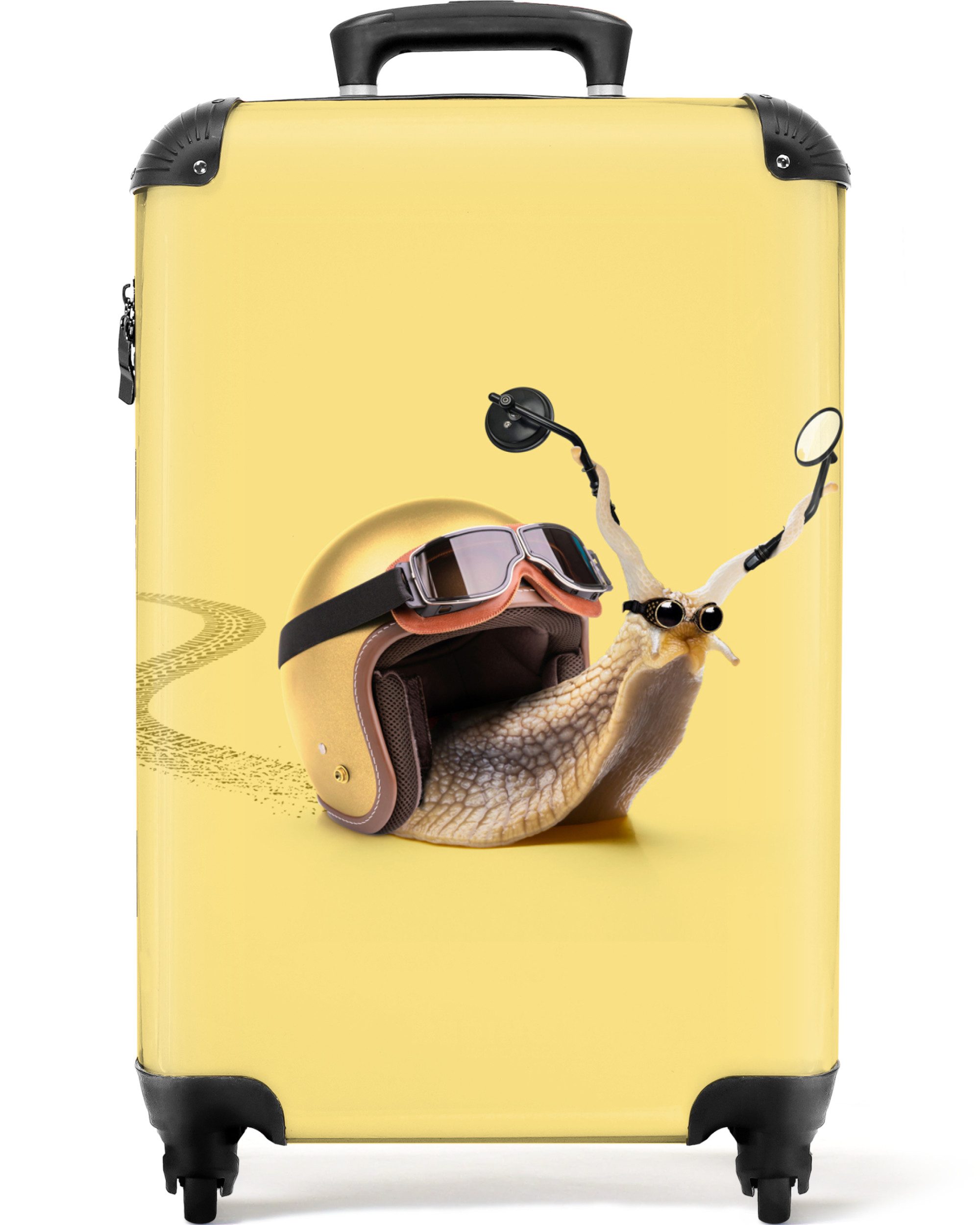 NoBoringSuitcases.com© Hartschalen-Trolley Schnecke - Helm - Rennsport - Kinder 55x35x20cm, Handgepäck Koffer, Hartschalenkoffer Kinder, Reisekoffer Jungen