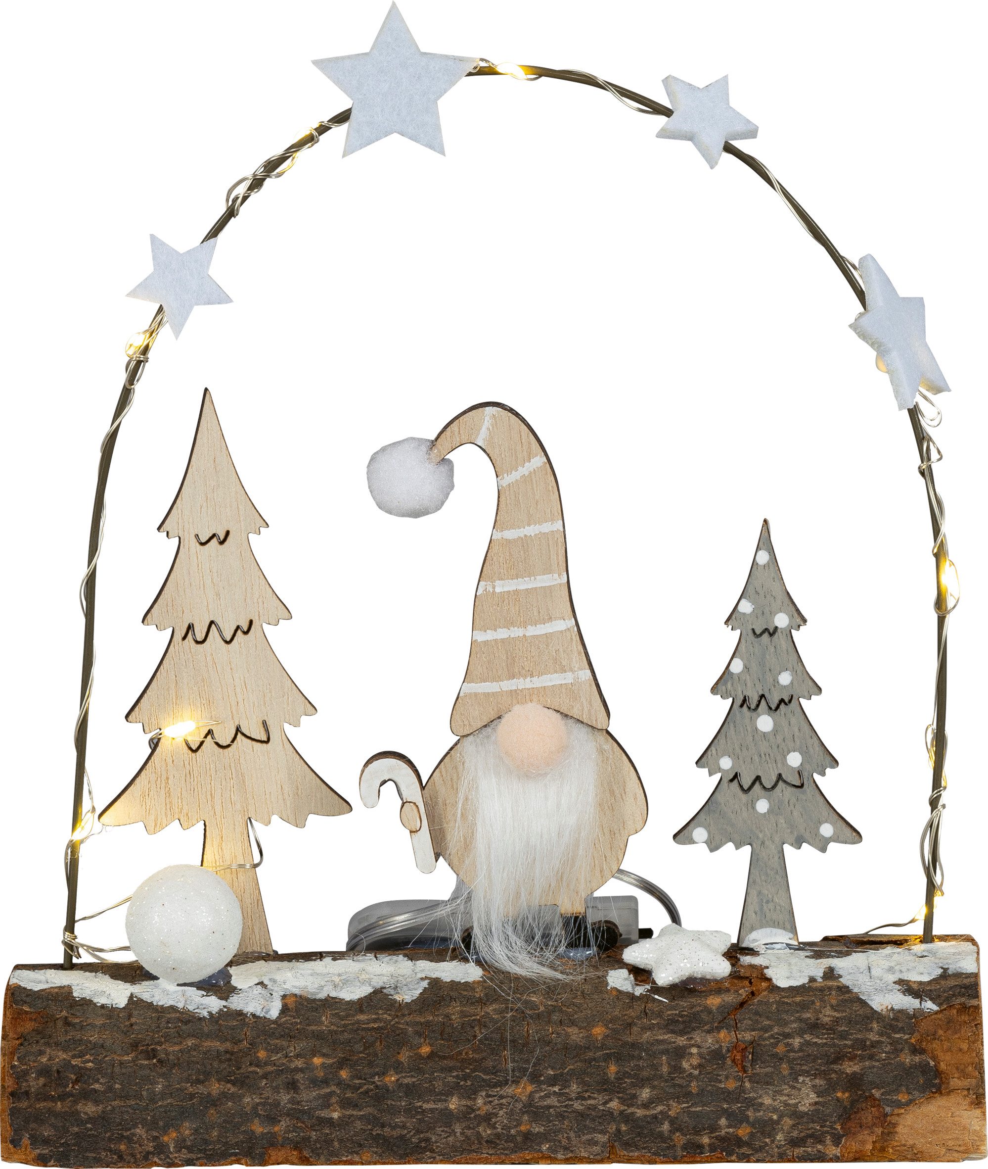 HGD Dekofigur HW65-2333, Wichtelfigur - Wichtel mit LED-beleuchteten Sternen, entzückende Dekoration für die Weihnachtszeit - aus Holz gefertigt