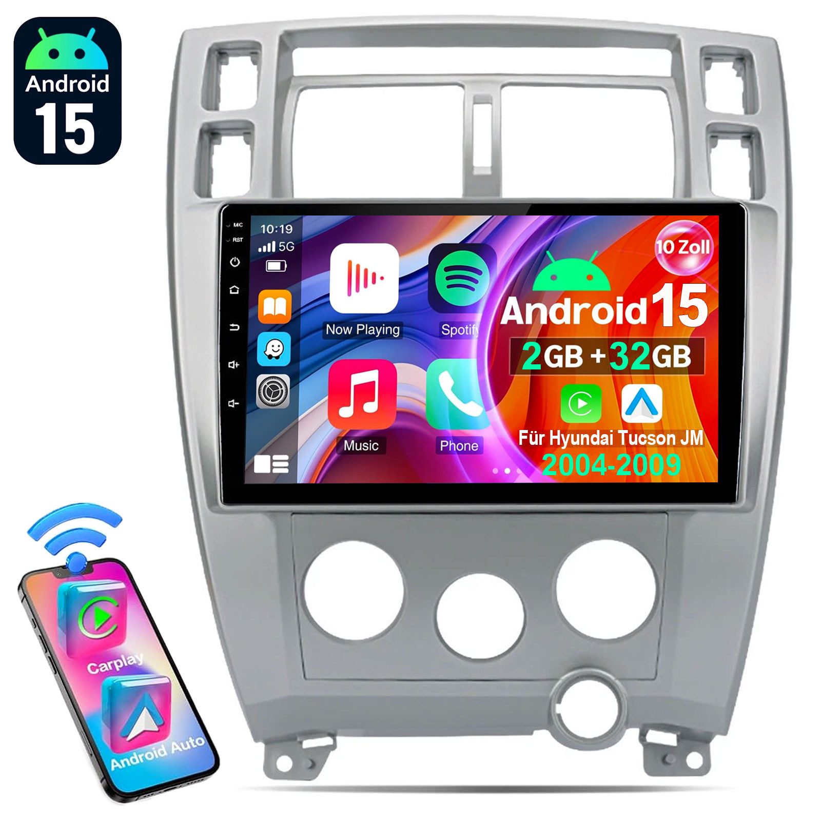 ESSGOO 10" Android 15 CarPlay Radio Für Hyundai Tucson JM 2004-2010 GPS NAVI Autoradio (DAB (optional), DAB+ (optional), 4+64GB(optional), Carplay Android Auto Bluetooth EQ USB GPS Navi WIFI Touchscreen)