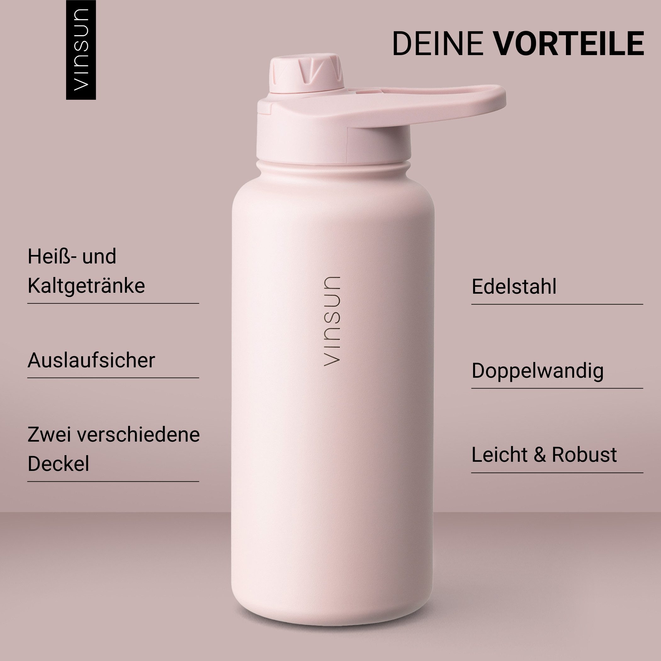 Vinsun Isolierflasche Edelstahl Trinkflasche 1L Strohhalm - 2 Deckel Thermoflasche BPA frei, Doppelwandig isoliert, auslaufsicher, bruchsicher, Geruchsneutral – Bild 3 von 5