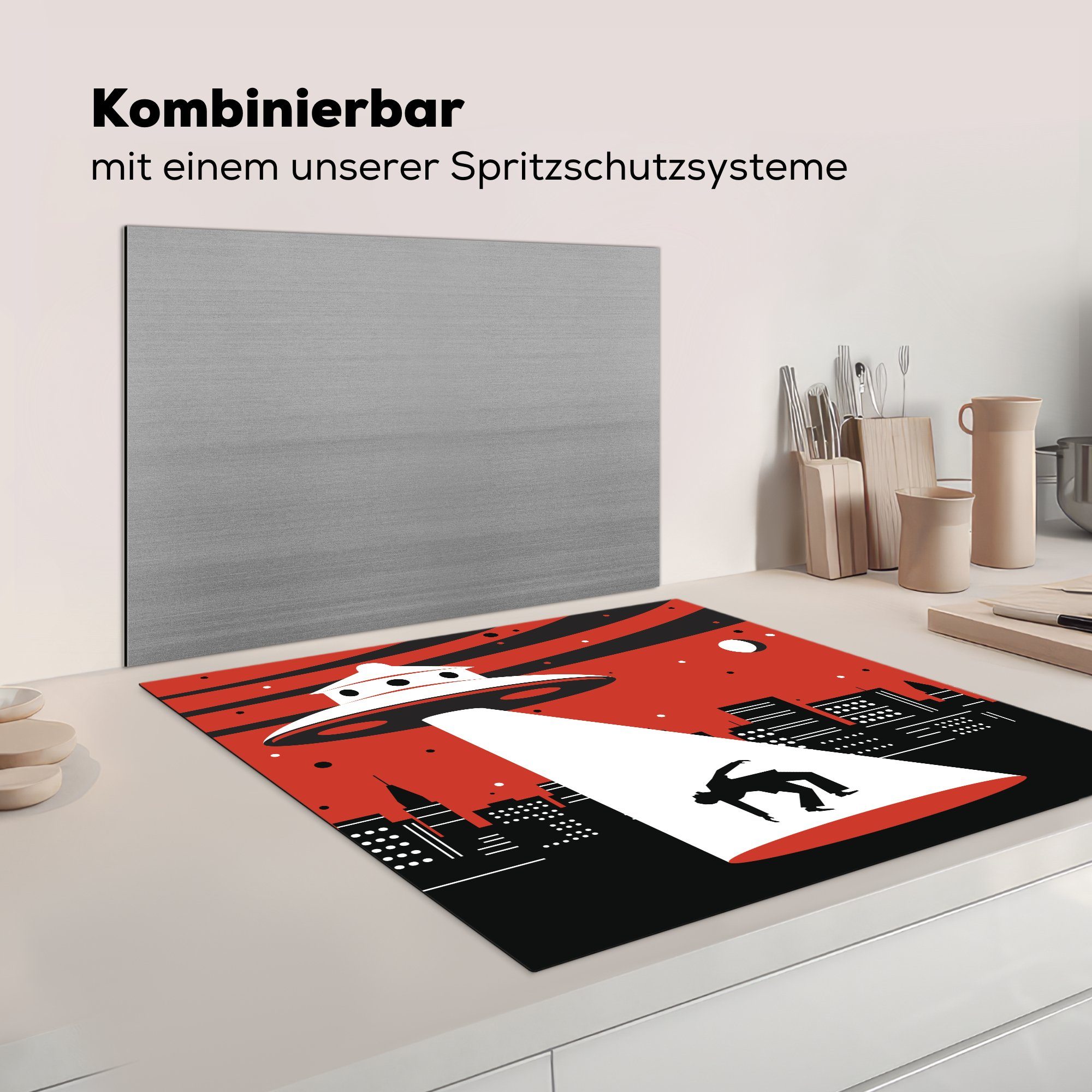 eine Person küche Vinyl, cm, eines Illustration Eine tlg), Ceranfeldabdeckung, entführt Jungen (1 - -, für UFOs, das MuchoWow Arbeitsplatte 78x78 Herdblende-/Abdeckplatte