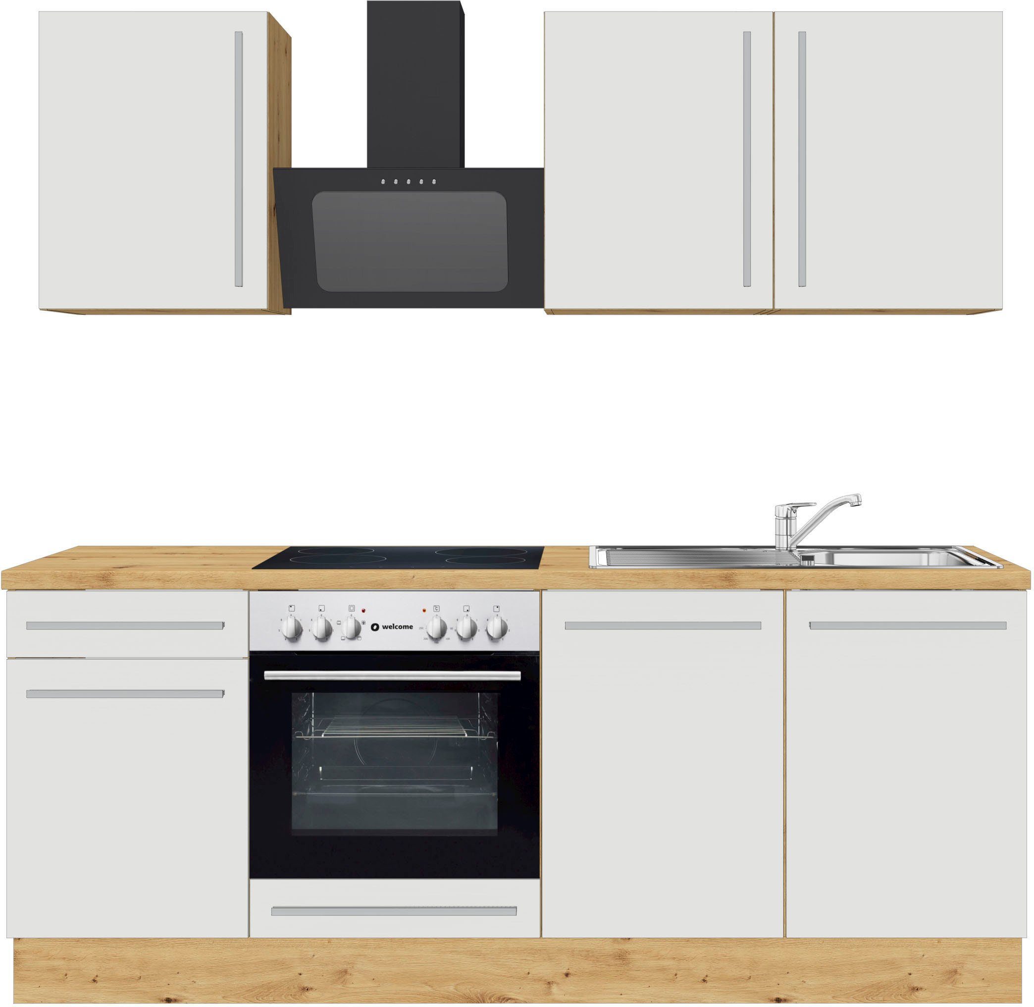 Kochstation Küchenzeile KS-Florida mit 38mm starker Arbeitsplatte, Breite 210 cm, wahlweise mit E-Geräten, Unser Dauertiefpreis