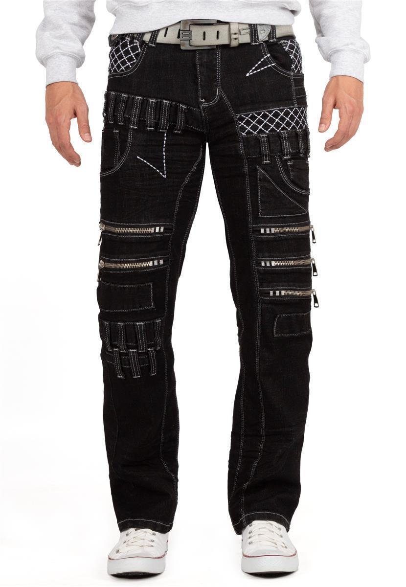 Kosmo Lupo 5-Pocket-Jeans Herren Regular Fit Hose Stonewashed KM8006 (1-tlg) Auffälliges Design mit kontrastierenden weißen Nähten
