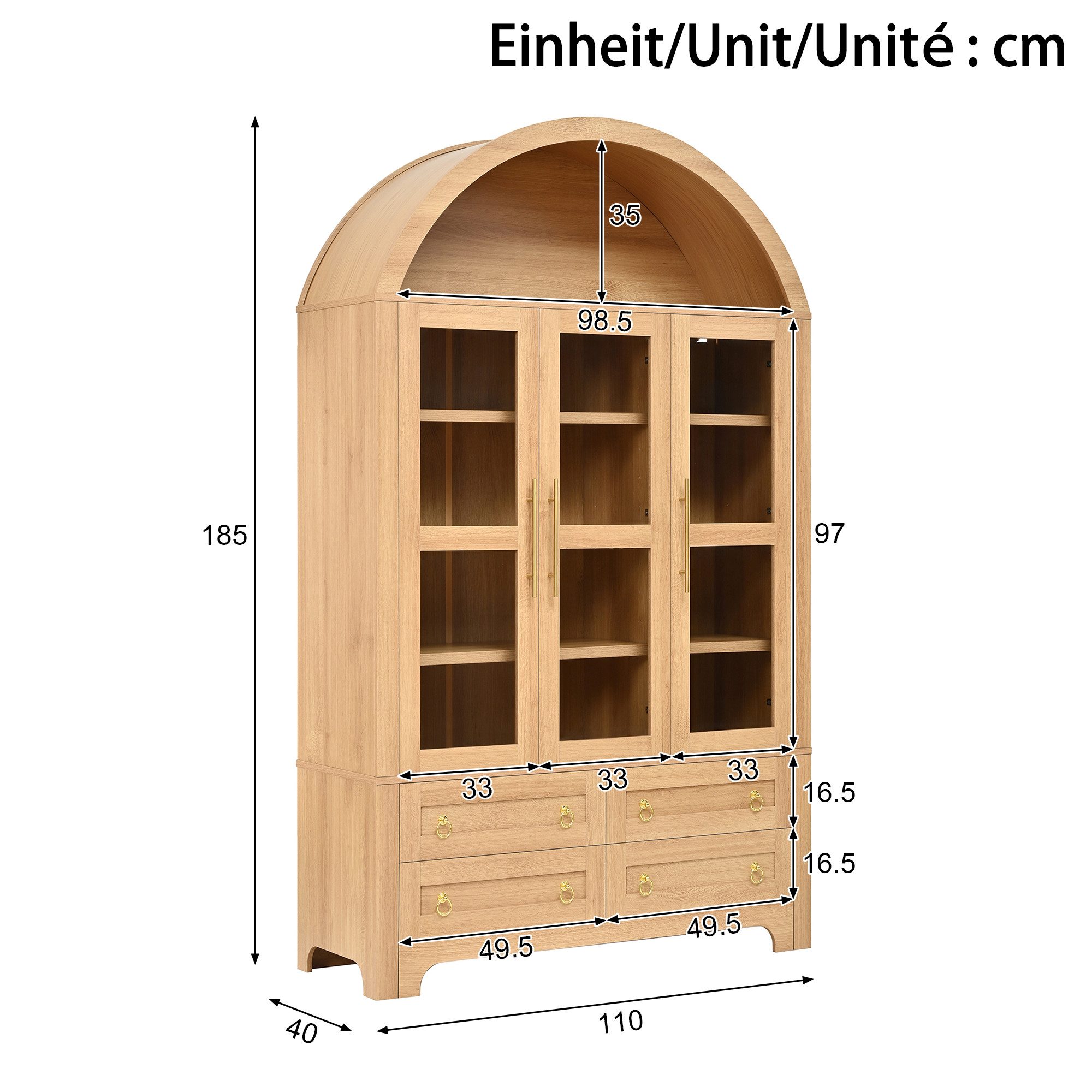 Merax Hochschrank Bogen-Mehrzweckschrank Glasvitrine mit Aluminiumgriffen (Anrichte Sideboard Aufbewahrungsschrank, 1-St., 110 L x 40 B x 185 H cm) Wohnzimmersc – Bild 5 von 5