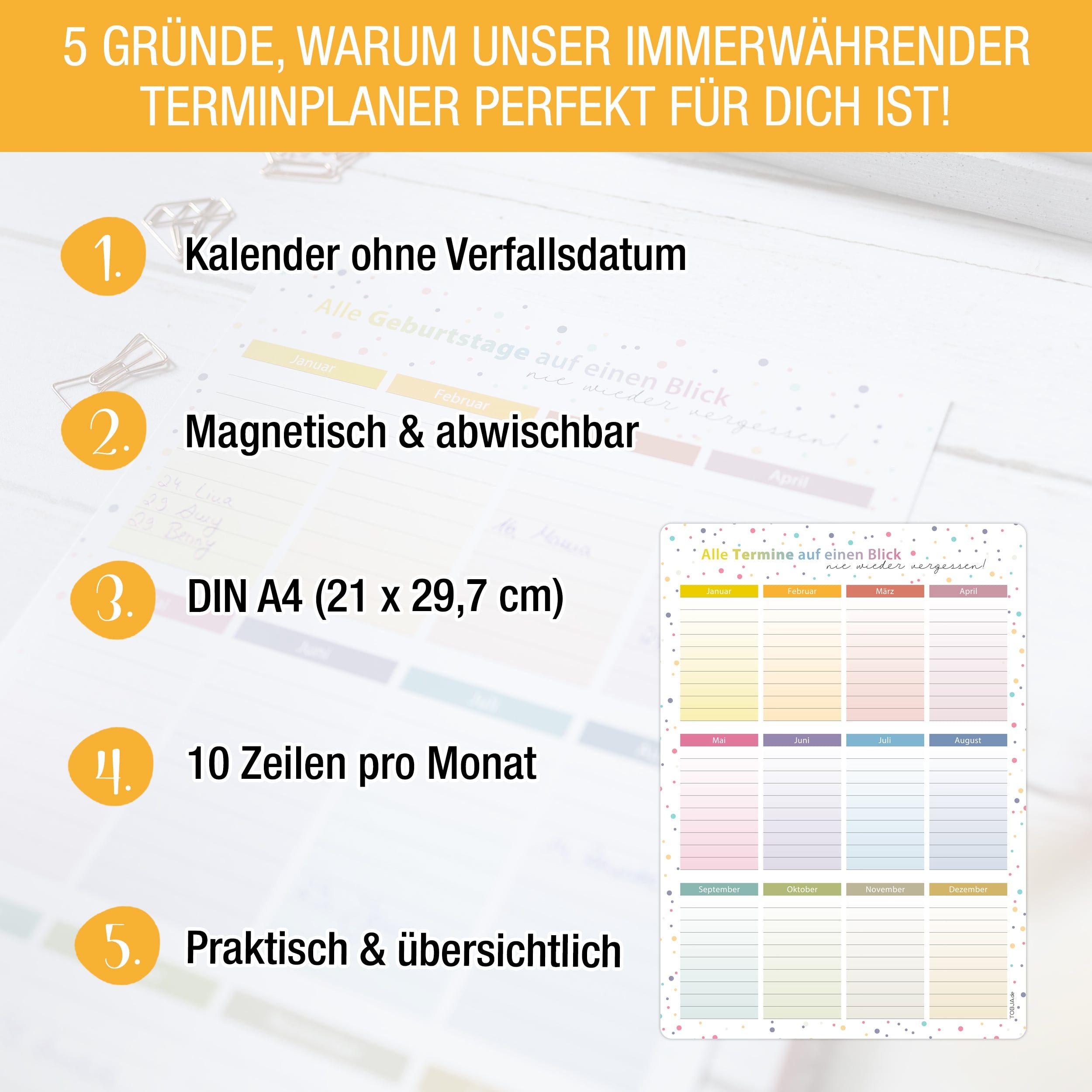 TOBJA Geburtstagskalender Magnetischer Geburtstagskalender A4, Jahresunabhängig & abwischbar - Immerwährender Kalender
