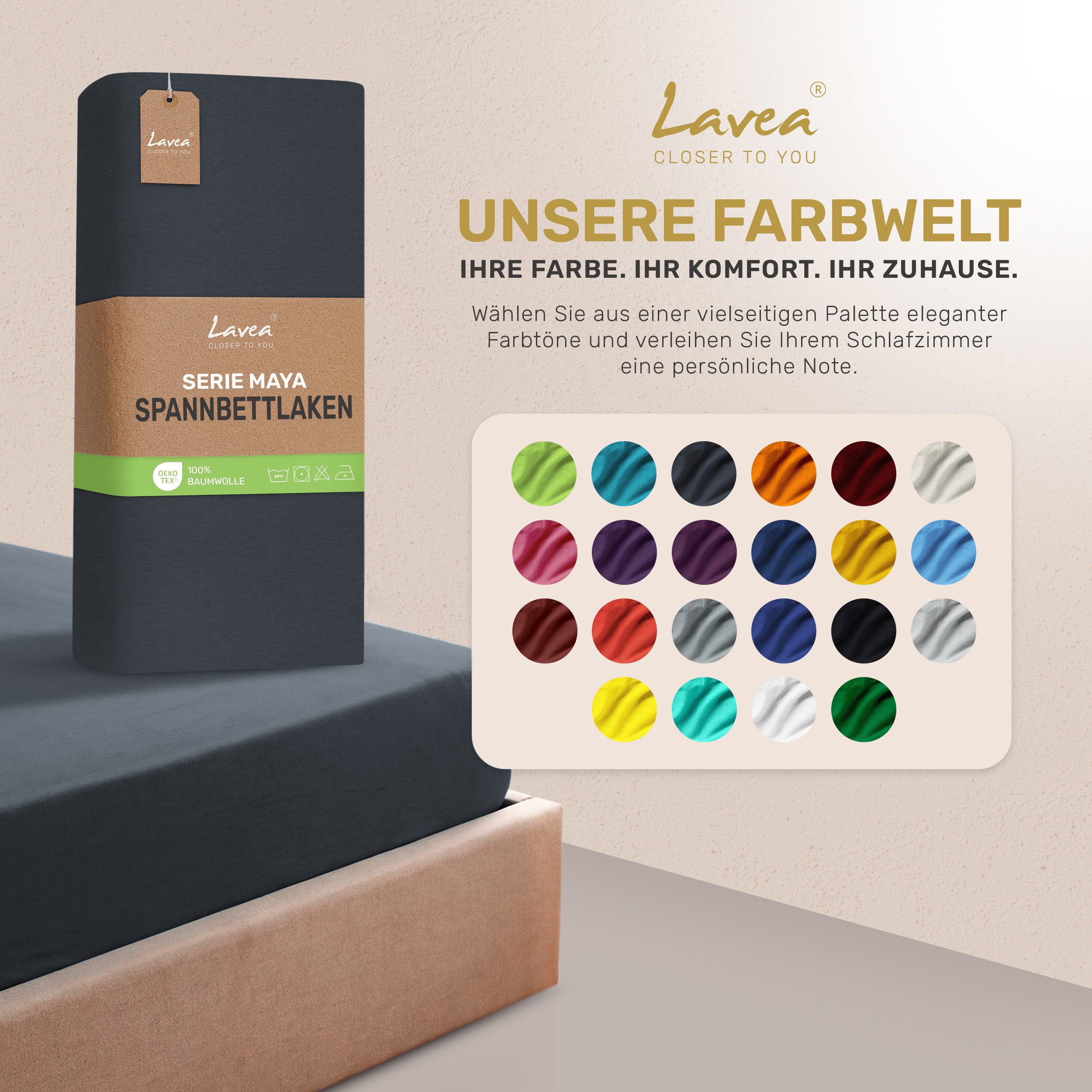 Lavea Spannbettlaken Bettlaken Maya, 180x200cm, 200x200cm, 140x200cm, 160x200cm, 100% Baumwolle Jersey, Gummizug: rundum, (1 Stück), für Matratzen, Topper, Boxs – Bild 4 von 5