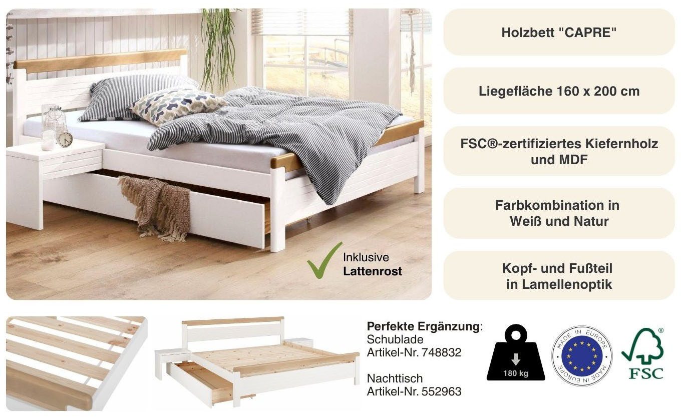 OTTO home Massivholzbett "CAPRE" im skandinavischem Landhausstil, mit Rollrost, aus zertifiziertem Massivholz, Lamellenoptik