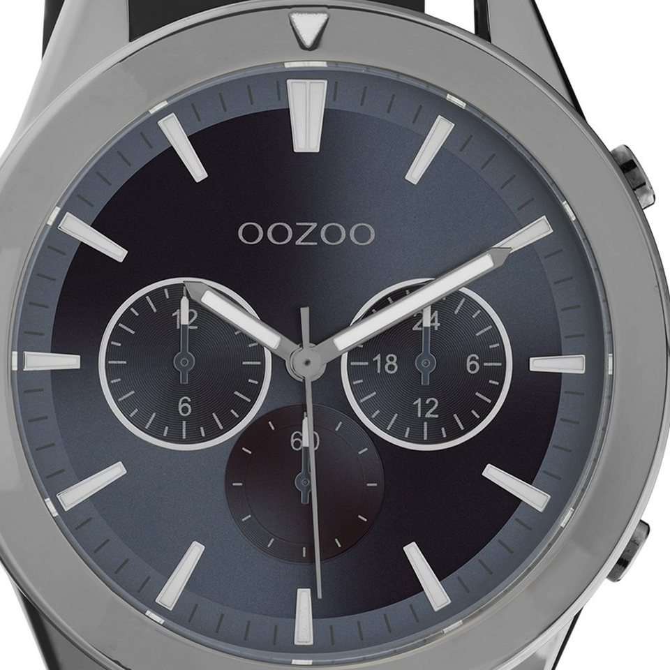 OOZOO Quarzuhr Oozoo Herren Armbanduhr schwarz Analog, Herrenuhr rund, groß  (ca. 45mm) Lederarmband, Sport-Style, dunkelblaues Ziffernblatt