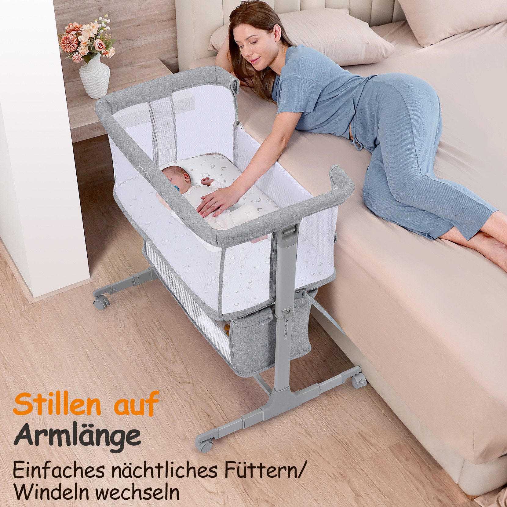 OUNUO Beistellbett für Neugeborene mit Rädern, Aufbewahrungskorb, Matratze