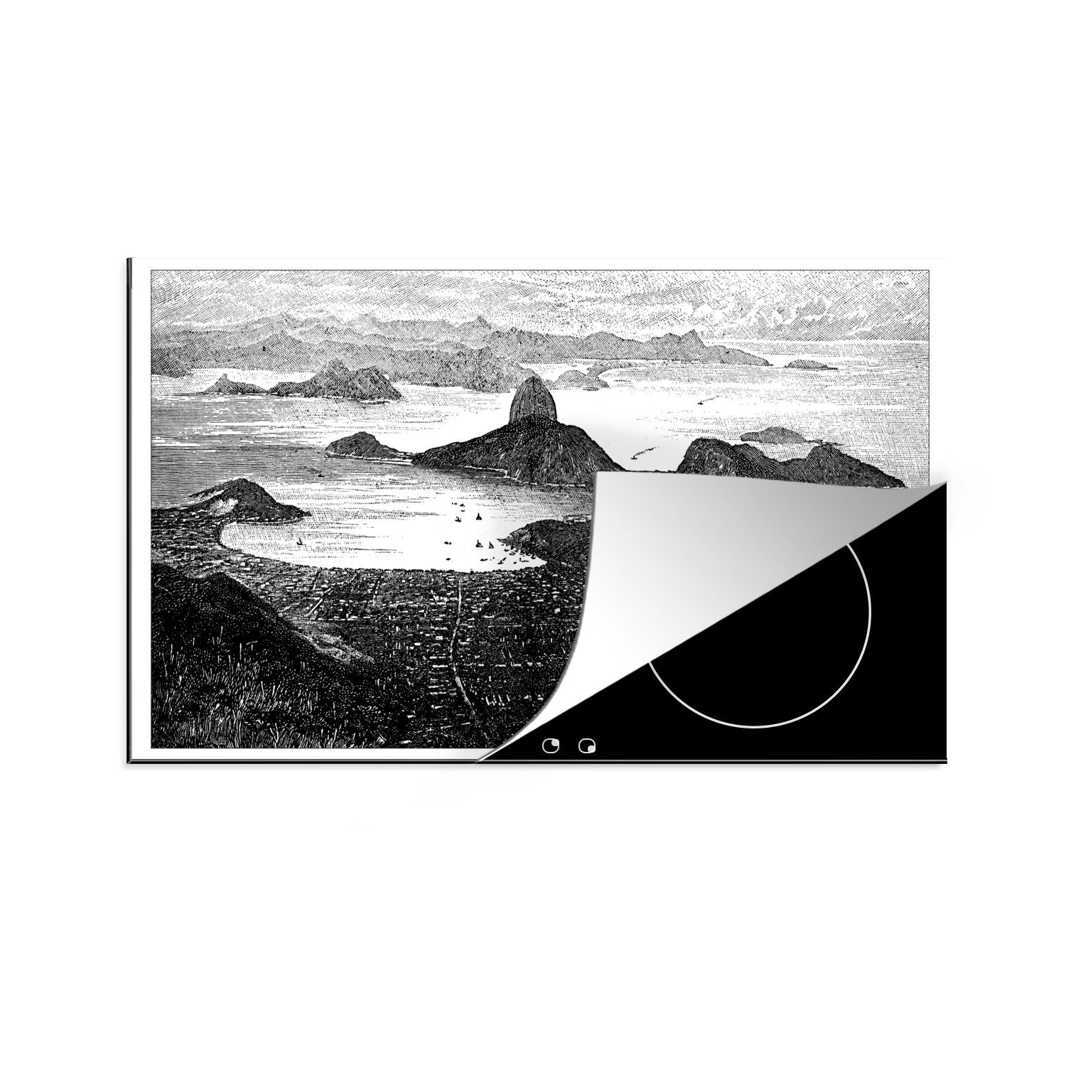 MuchoWow Herdblende-/Abdeckplatte Schwarz-Weiß-Abbildung von Rio de Janeiro, Vinyl, (1 tlg), 83x51 cm, Ceranfeldabdeckung, Arbeitsplatte für küche