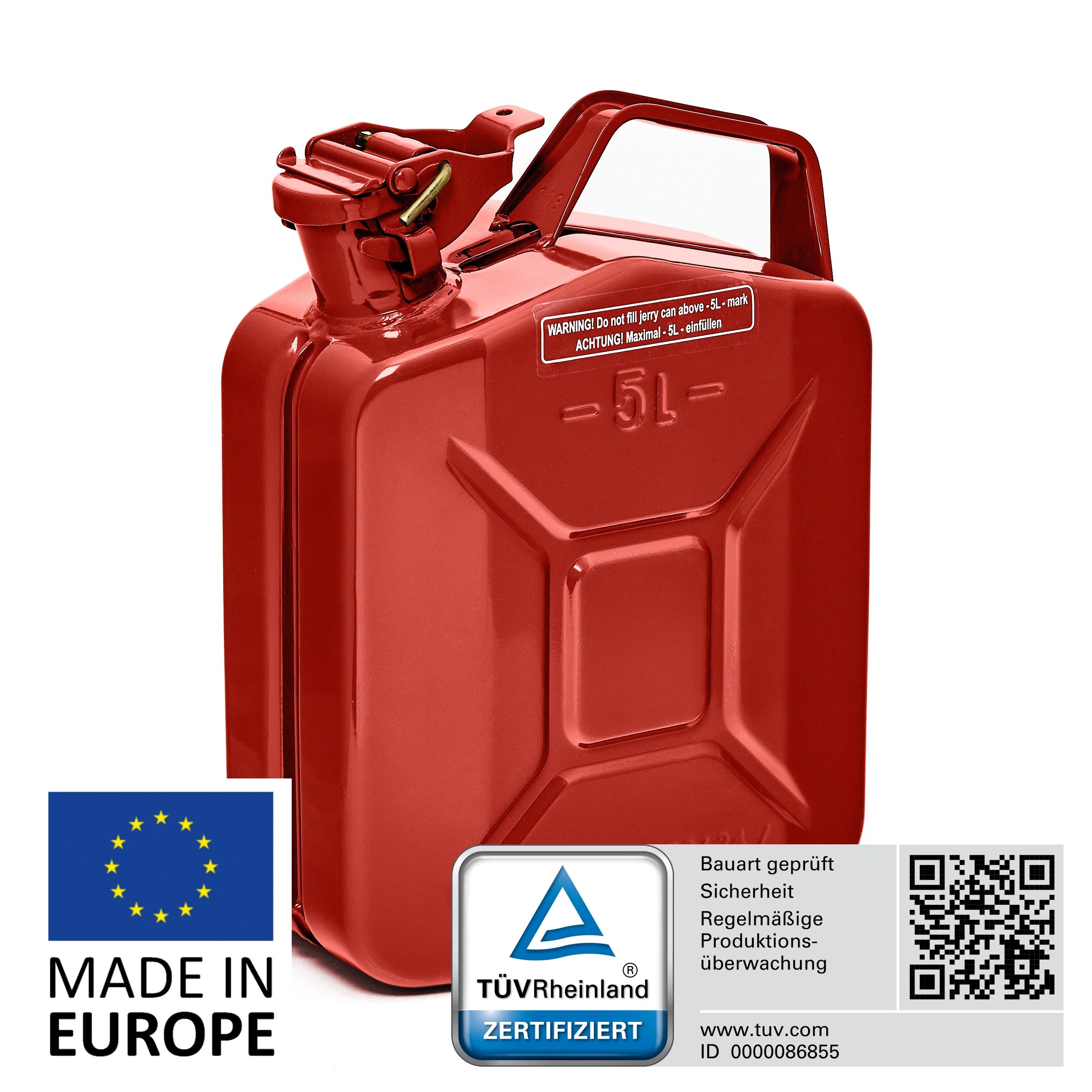 BW Бензин может Metall Kraftstoffkanister 5 Liter - Rot - RAL 3000 (nach NATO Standard, Made in Europe), TÜV-geprüft und UN-Zulassung - Made in Europe