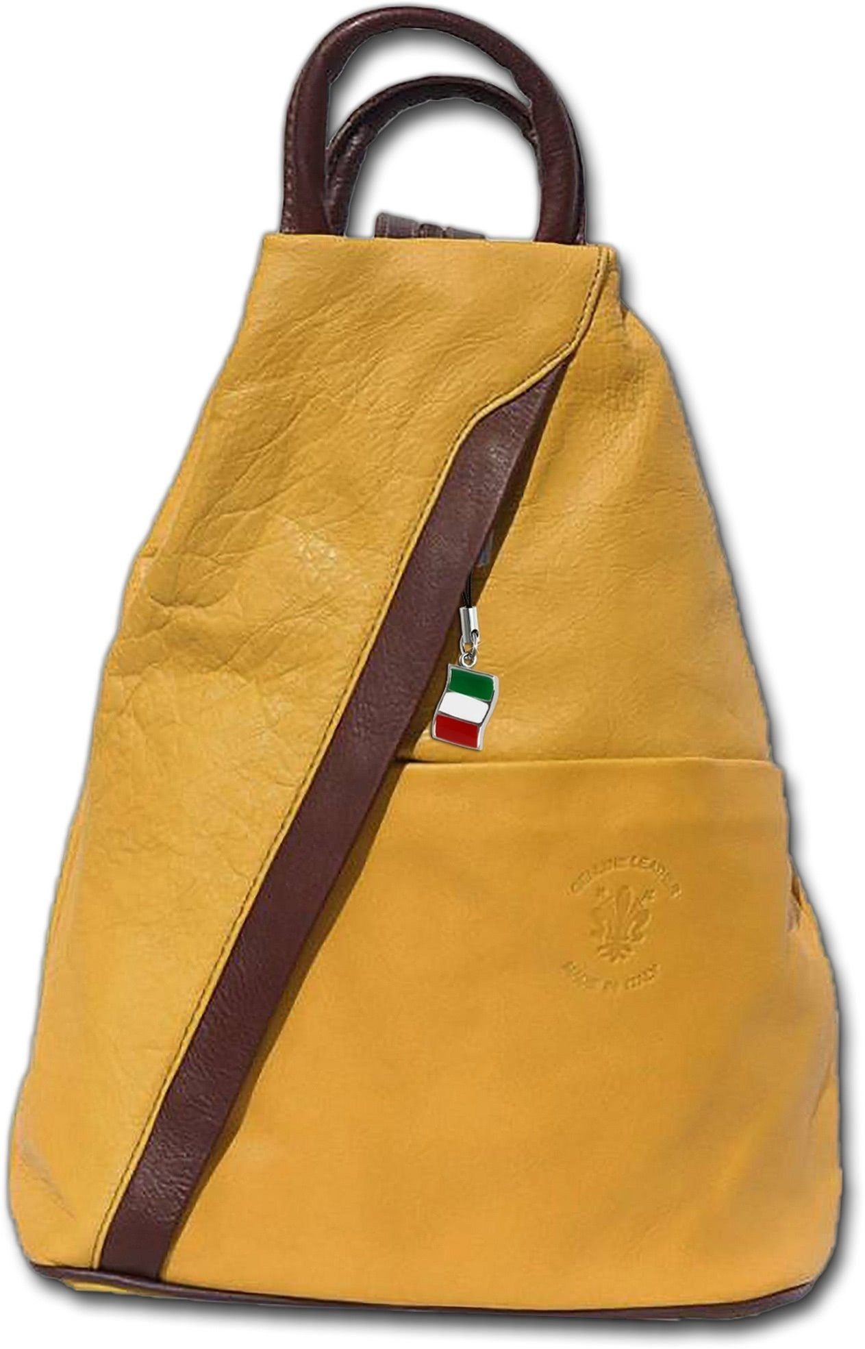 FLORENCE Cityrucksack Florence Damen Tasche Echtleder gelb  (Schultertasche), Damen Rucksack Echtleder gelb, braun, Made-In Italy