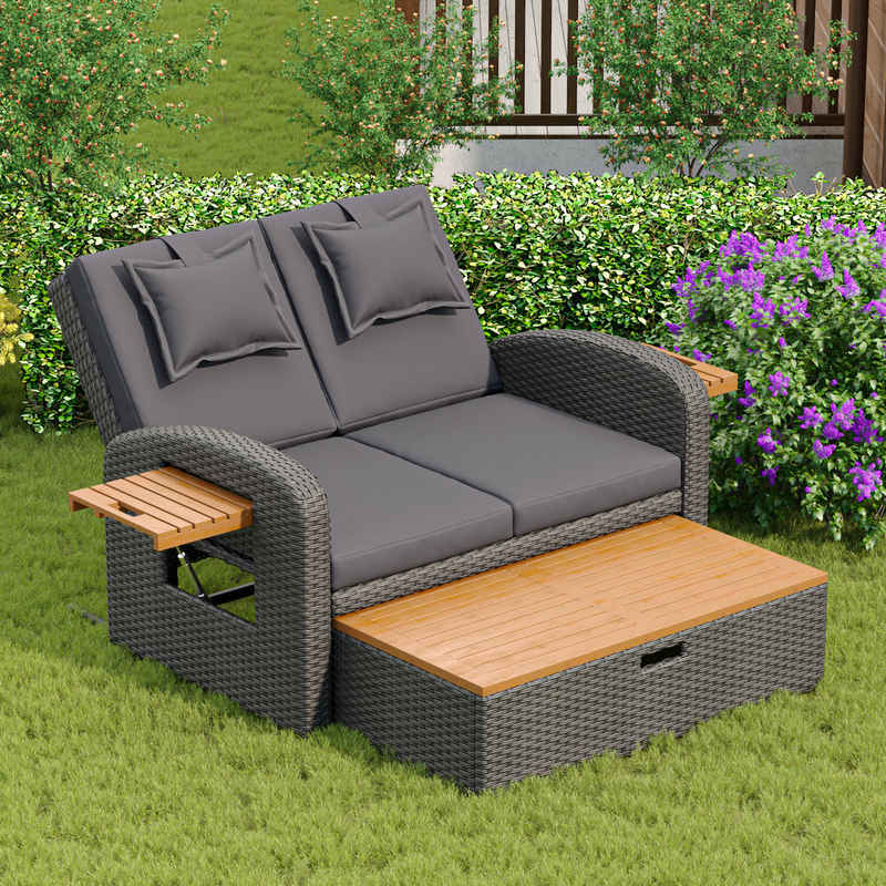 REDOM Gartenlounge-Set 2-Sitzer Gartenmöbel mit verstellbarer Rückenlehne, (Sofa mit Hocker), Garten-Lounge-Sessel-Set für 2 Personen, graues Rattan