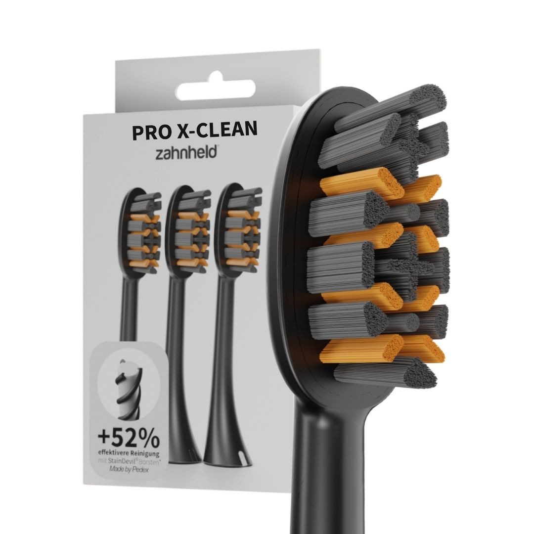 Zahnheld Aufsteckbürsten Ersatzbürsten Pro X-Clean für Schallzahnbürste Gero, im 3er, 6er oder 9er Set, Zahnpflege Set, Wechselköpfe, sanfte Reinigung, plastikfrei verpackt, 3 Stück, schwarz
