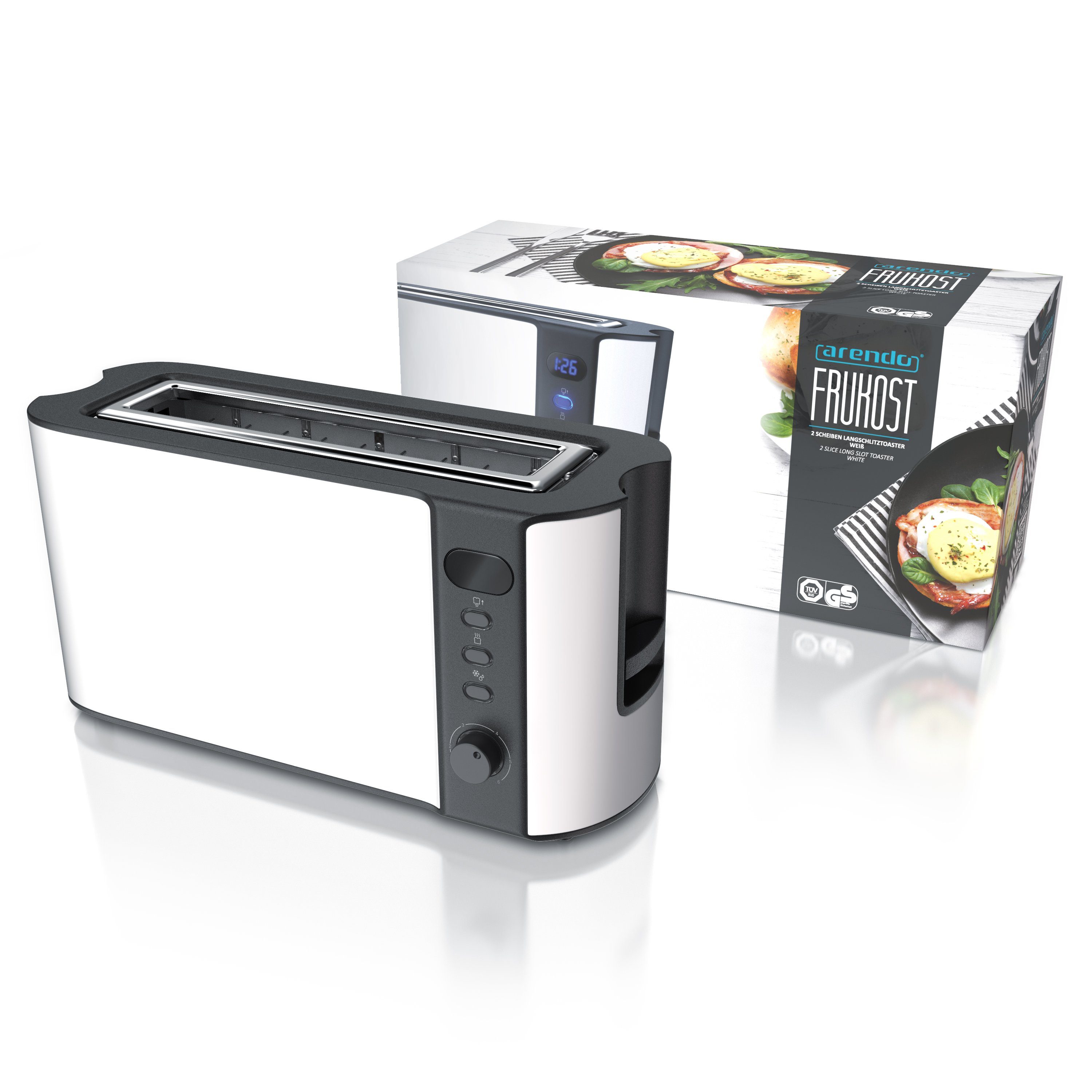 Arendo Toaster, 1 langer Wärmeisolierendes matt weiß 1000 Display für 2 Langschlitz, Schlitz, Brötchenaufsatz, W, Gehäuse, Scheiben
