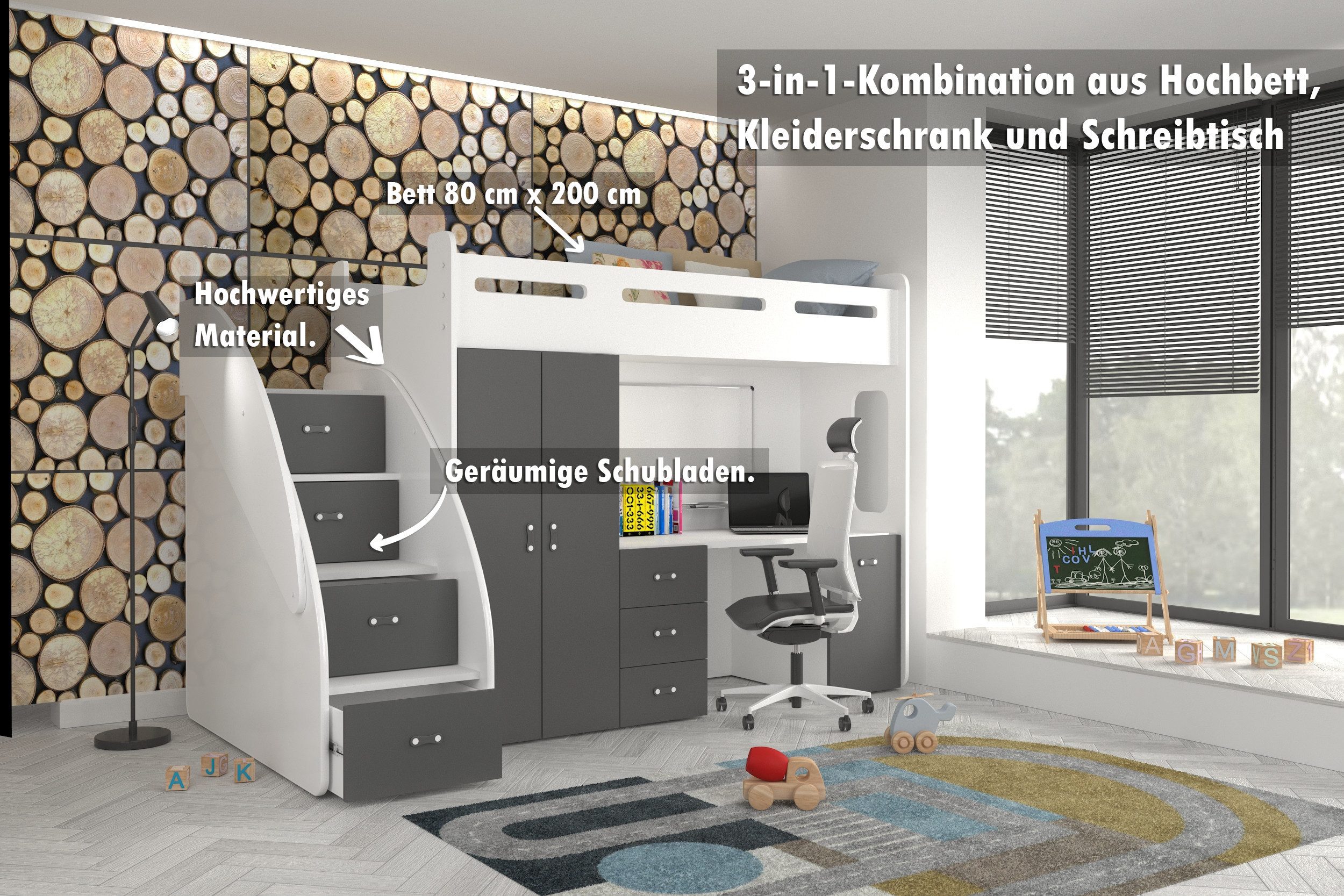 thematys Etagenbett 80x200cm mit Treppe, Schrank und Schreibtisch Hochglanz (für Jungen und Mädchen, Jugendbett, Kleiderschrank, Kinderzimmer, 3 in 1, 180cm x 1 – Bild 2 von 5