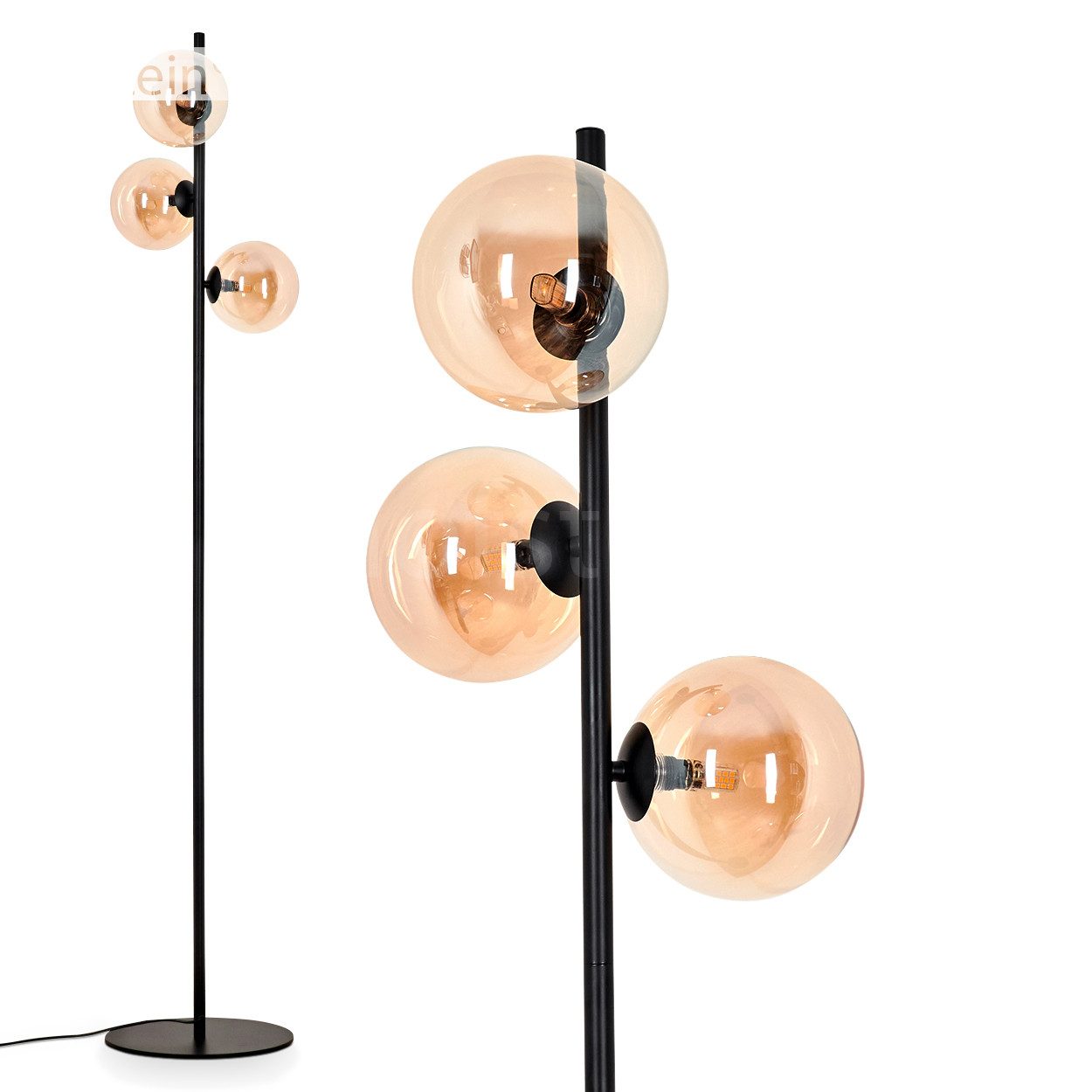 Stehlampe Stehlampe aus Metall/Glas in Schwarz/Bernsteinfarben