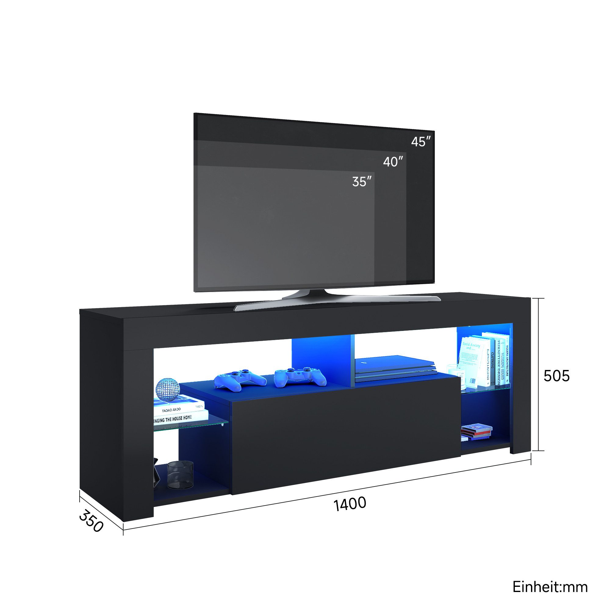 SONNI TV-Schrank Lowboard TV Schrank Schwarzer mit RGB-Lichteinblendung 140-180cm Mit 12 LEDs, Fernsehtisch mit Glas-Scheiden für Wohnzimmer – Bild 5 von 5
