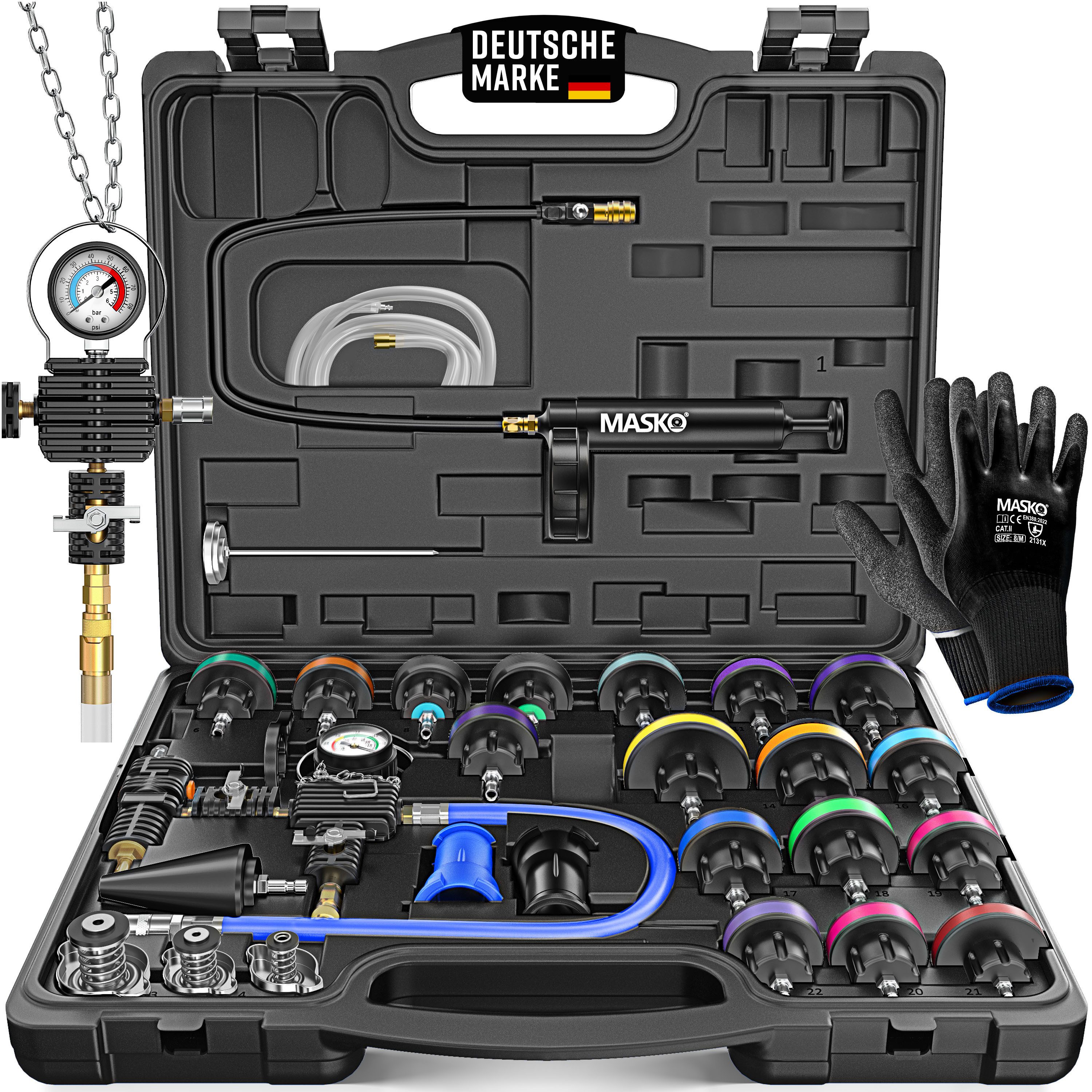 MASKO Multitool Kühlsystem Tester & Abdrückgerät - universeller Kühler Prüfgerät, (28-teiliges Kühlsystem-Nachfüll-Set inkl. Kühleradapter, Vakuumpumpe), Kühlerdruckprüfer - Kühler Entlüftungsgerät für Auto, Van, SUV, LKW