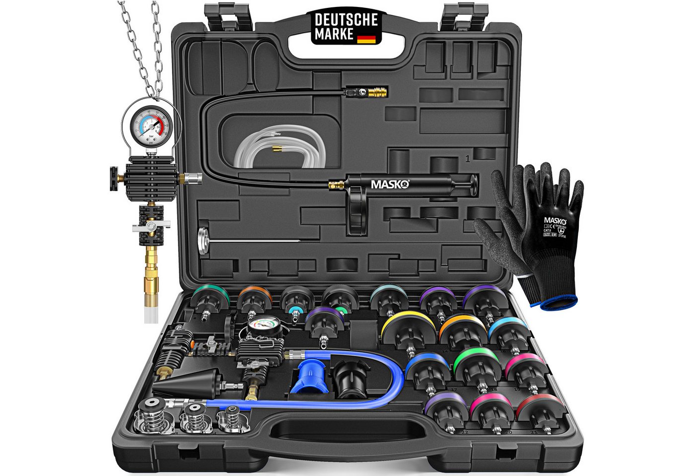 MASKO Multitool Kühlsystem Tester & Abdrückgerät - universeller Kühler Prüfgerät, (28-teiliges Kühlsystem-Nachfüll-Set inkl. Kühleradapter, Vakuumpumpe), Kühlerdruckprüfer - Kühler Entlüftungsgerät für Auto, Van, SUV, LKW