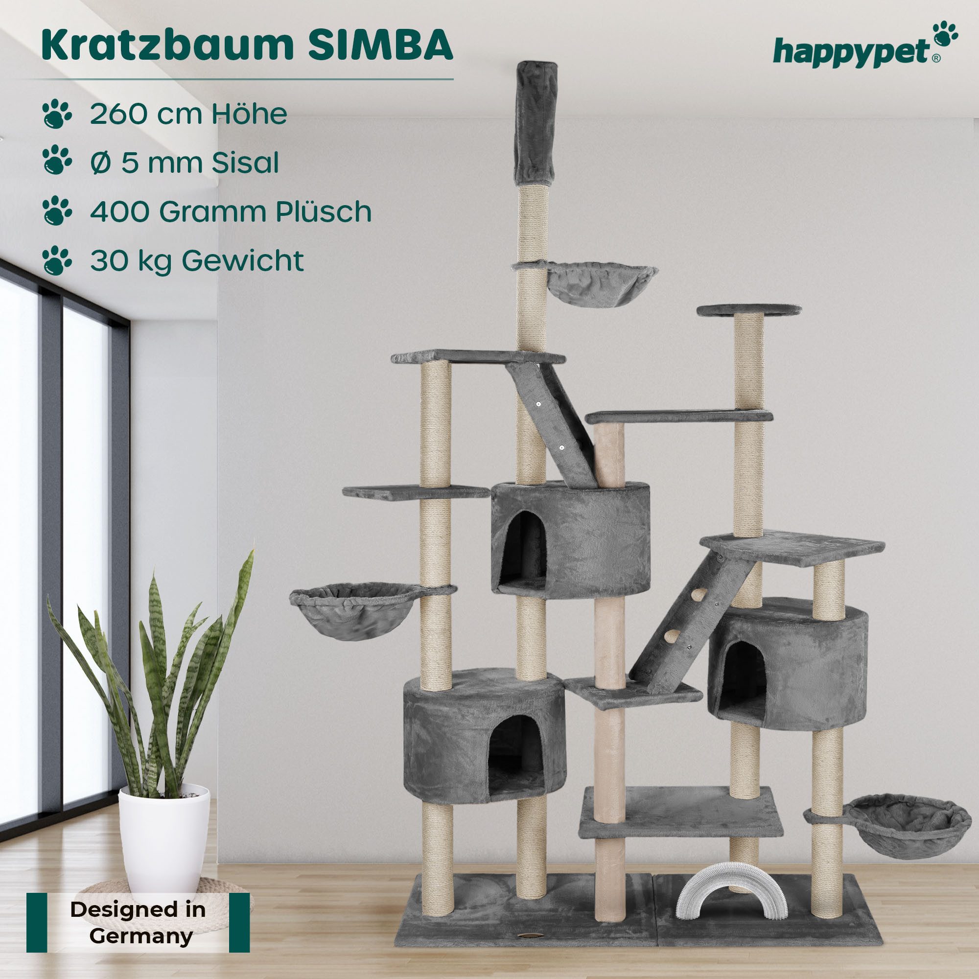 Happypet Kratzbaum SIMBA, Extra breit, höhenverstellbar, Häuser, Liegemulden, viel Zubehör