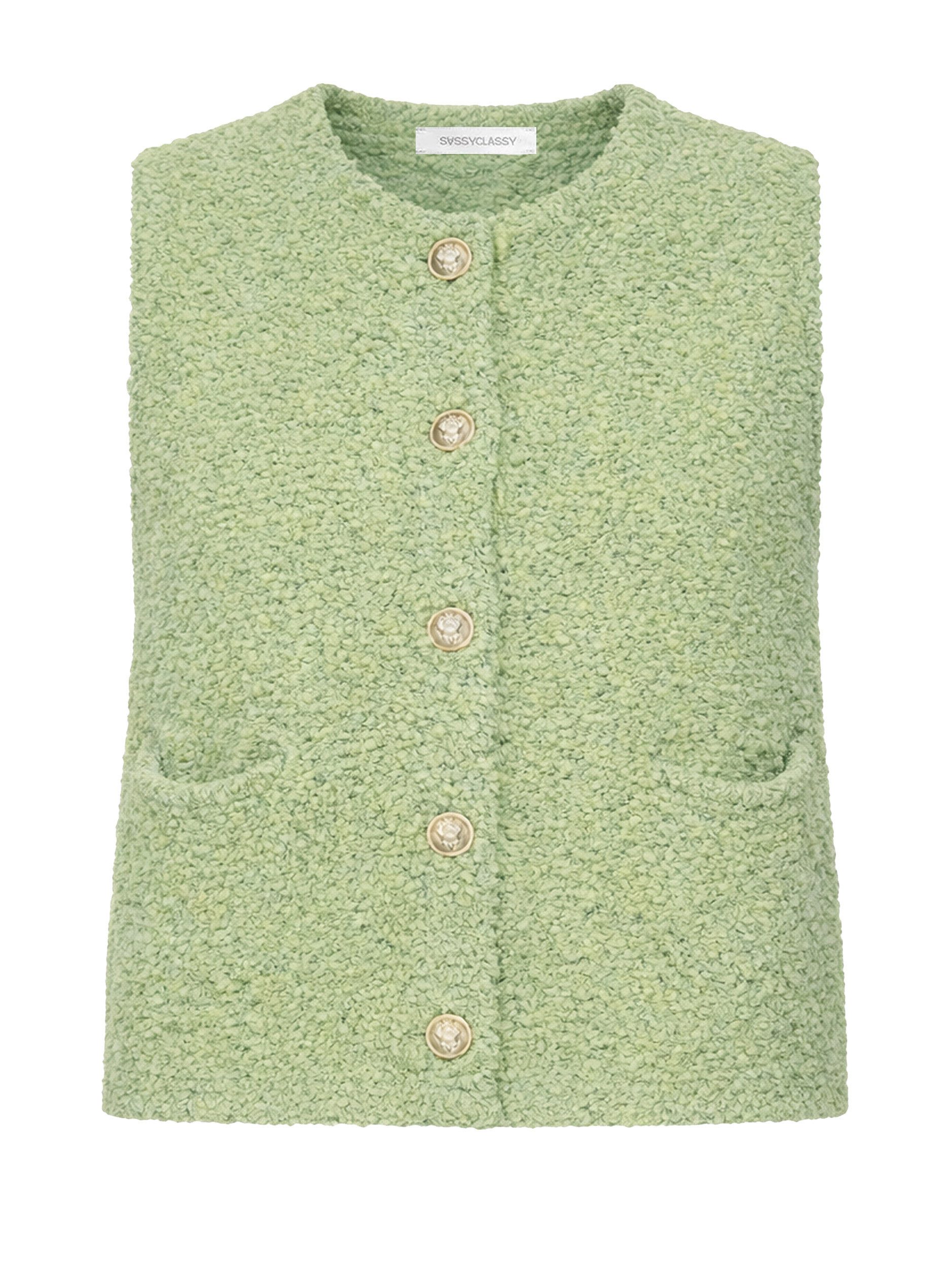 SASSYCLASSY Kurzweste Bouclé-Weste mit aufgesetzten Taschen für Damen Weiche Weste mit goldfarbenen Knöpfen Greige Rosa Schwarz Braun