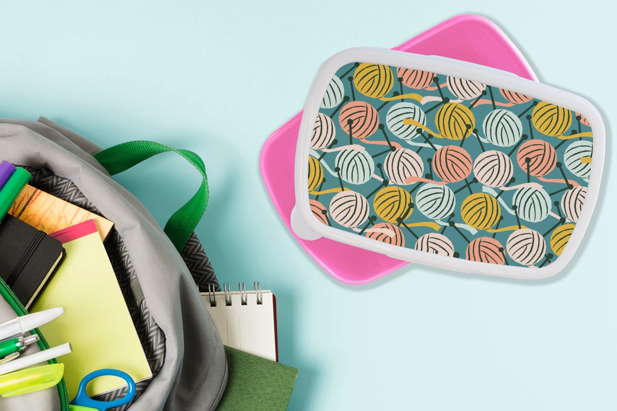 MuchoWow Lunchbox Stricken - Mädchen, Kunststoff Brotdose Muster, für (2-tlg), Kunststoff, Wolle Brotbox rosa Erwachsene, - Snackbox, Kinder